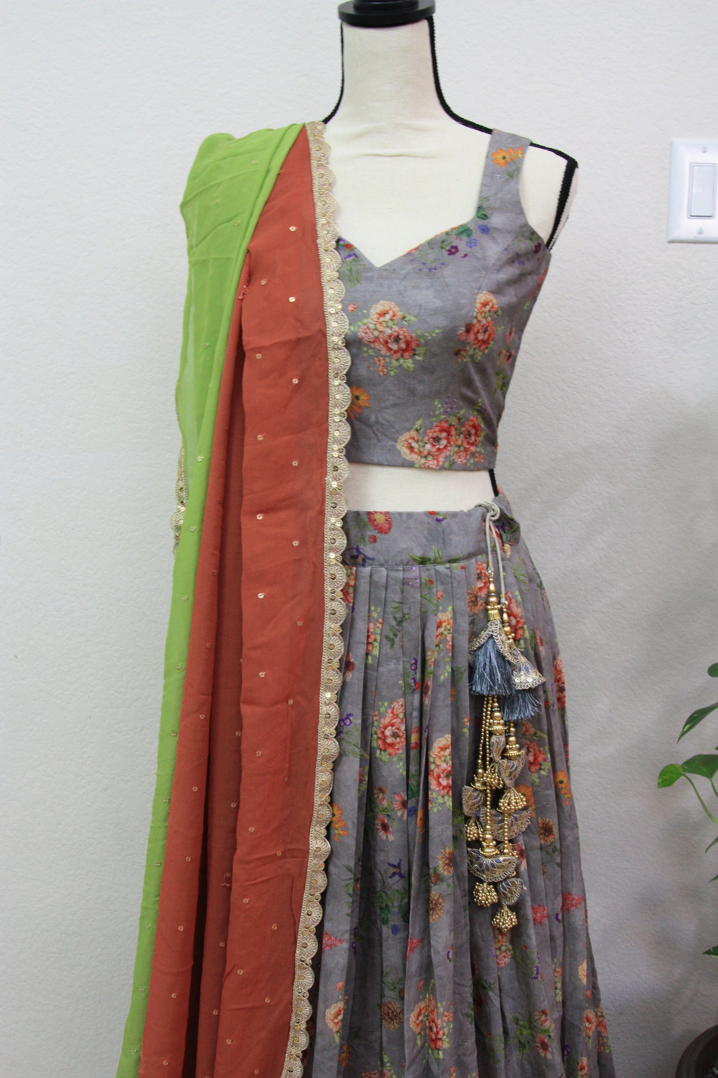 Grey Floral Printed Lehenga with Green Dupatta