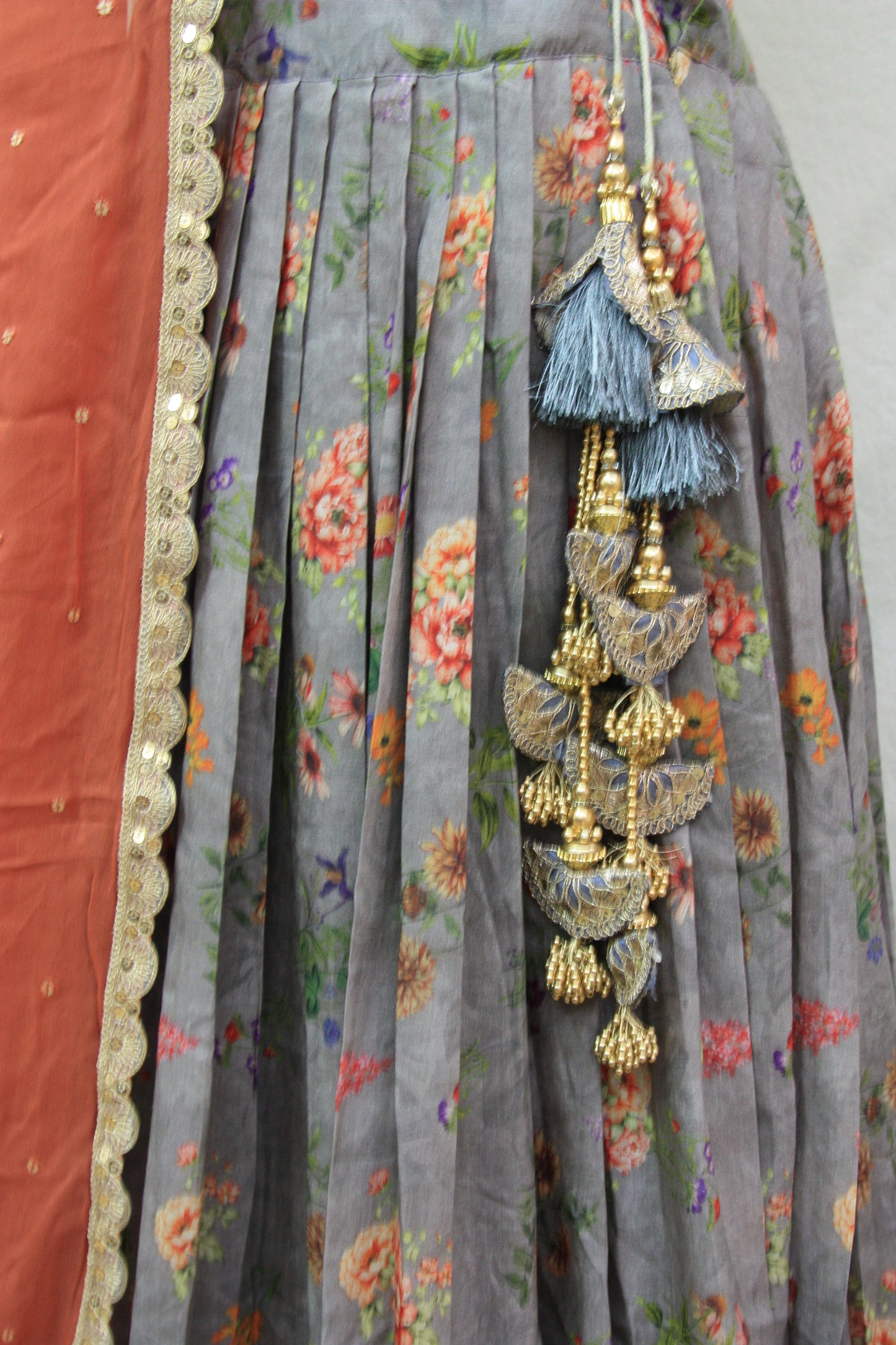 Grey Floral Printed Lehenga with Green Dupatta