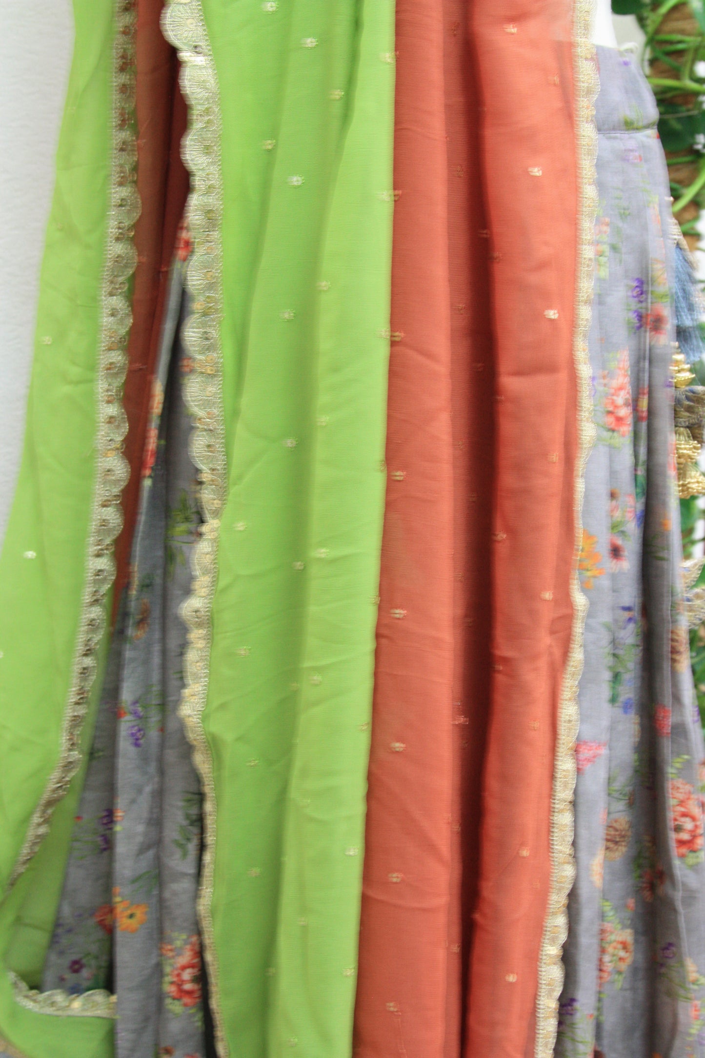 Grey Floral Printed Lehenga with Green Dupatta