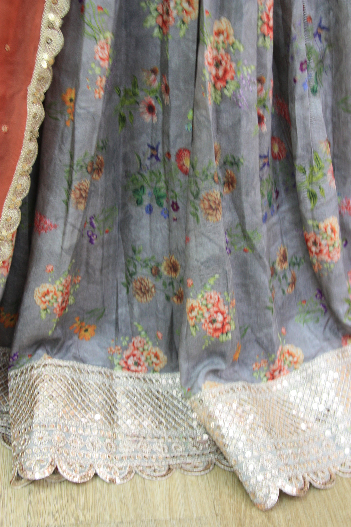 Grey Floral Printed Lehenga with Green Dupatta