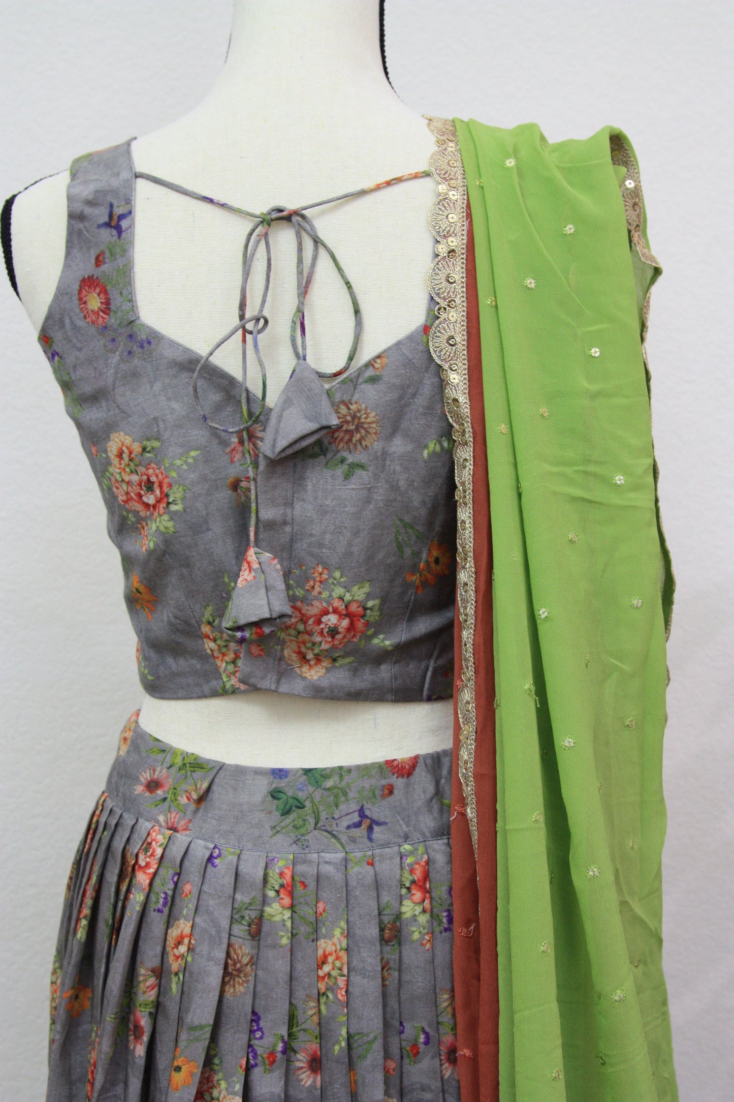 Grey Floral Printed Lehenga with Green Dupatta
