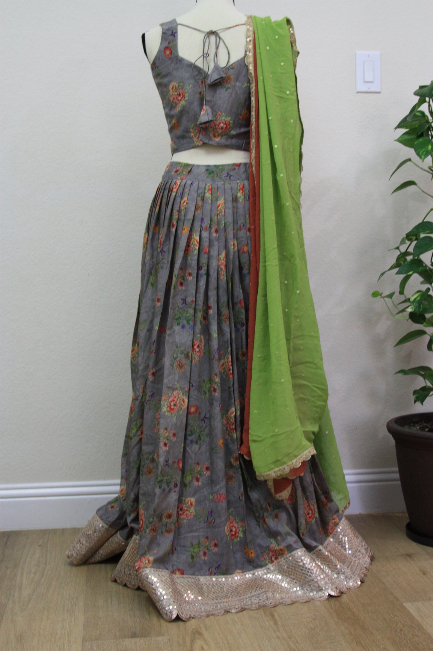 Grey Floral Printed Lehenga with Green Dupatta
