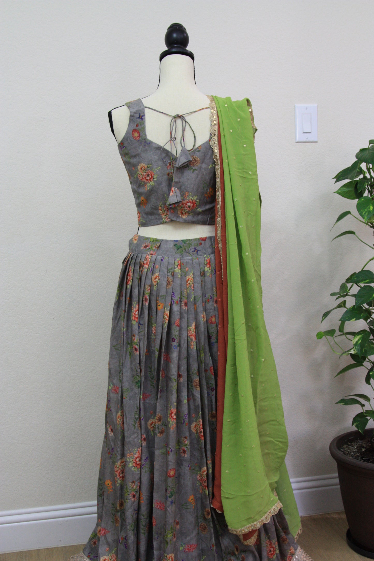 Grey Floral Printed Lehenga with Green Dupatta