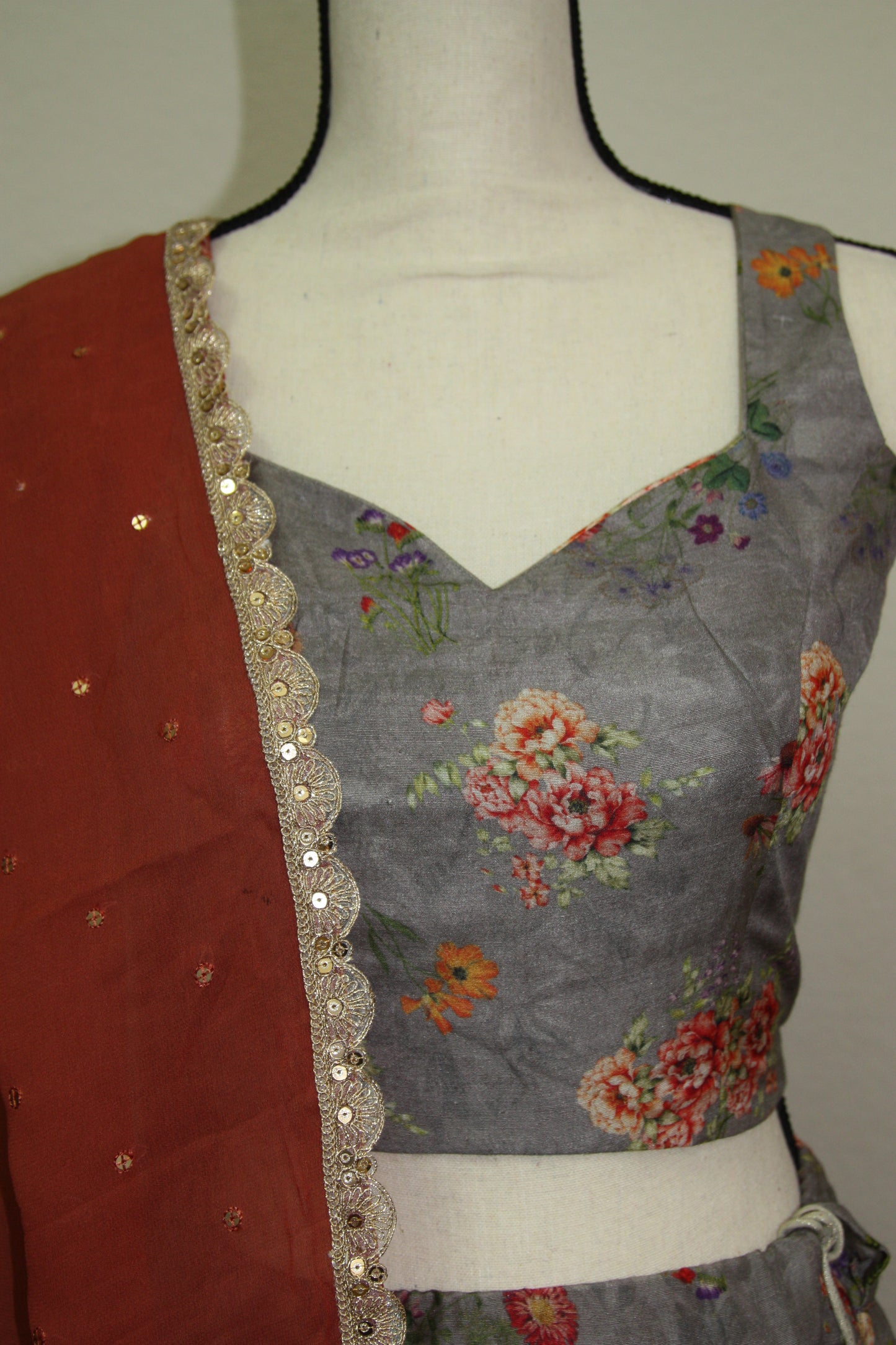 Grey Floral Printed Lehenga with Green Dupatta