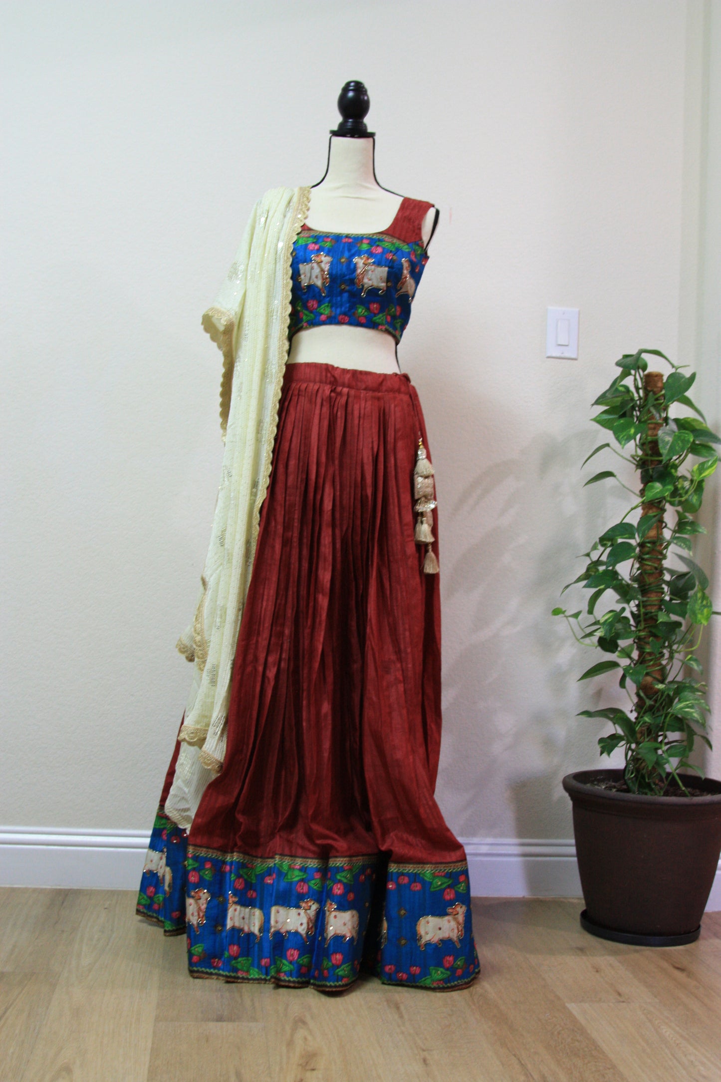 Maroon Tussar Lehenga with Kalamkari Border & Blouse