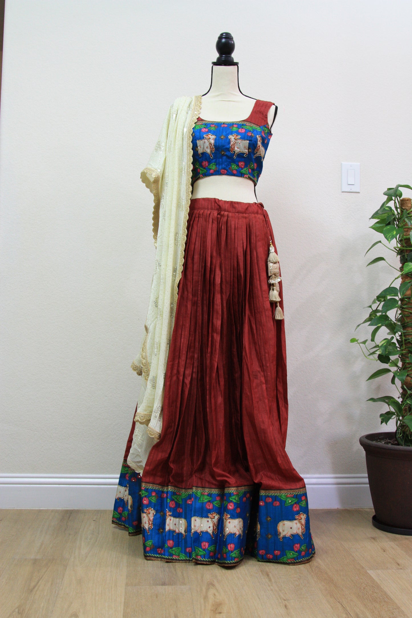 Maroon Tussar Lehenga with Kalamkari Border & Blouse