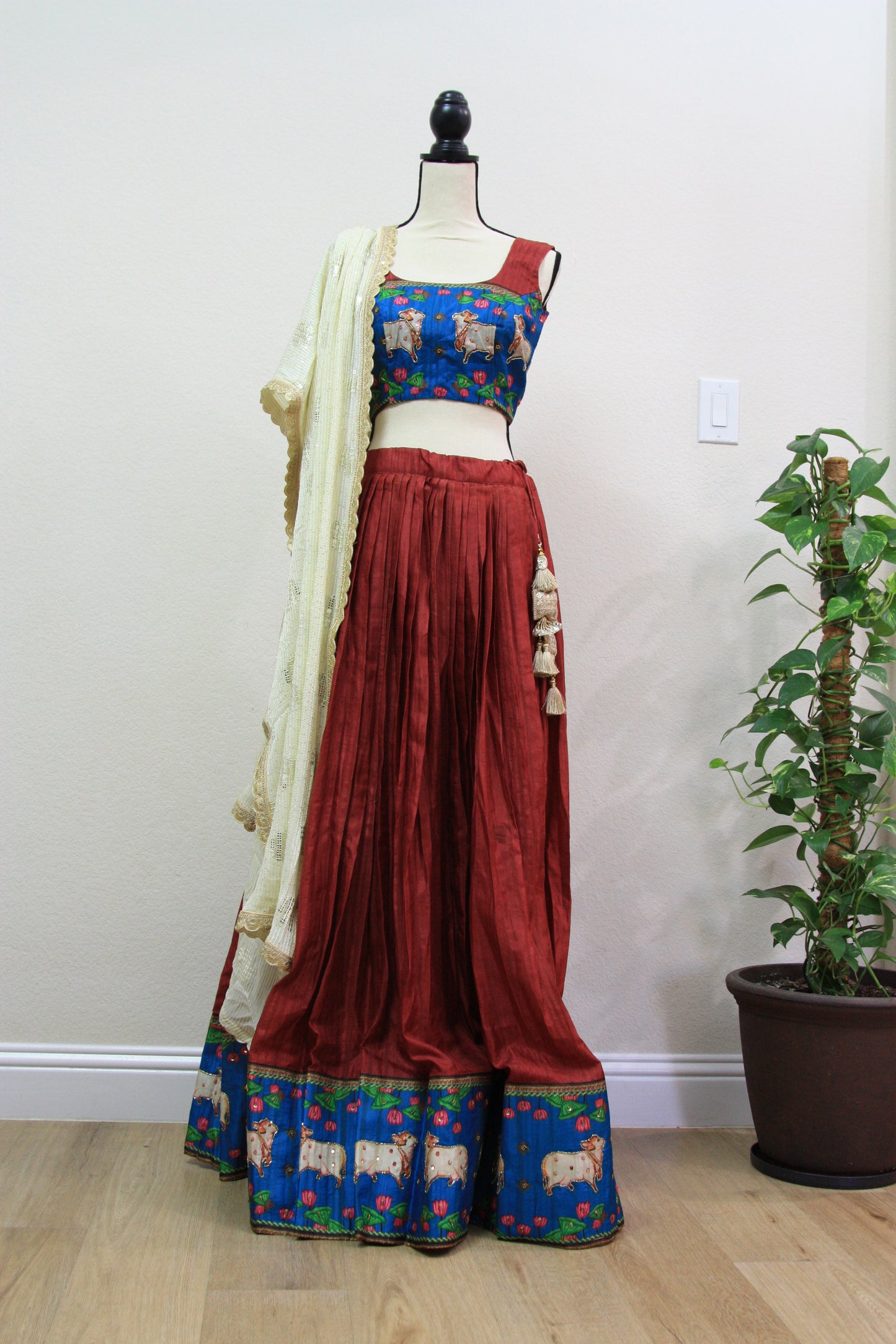 Maroon Tussar Lehenga with Kalamkari Border & Blouse