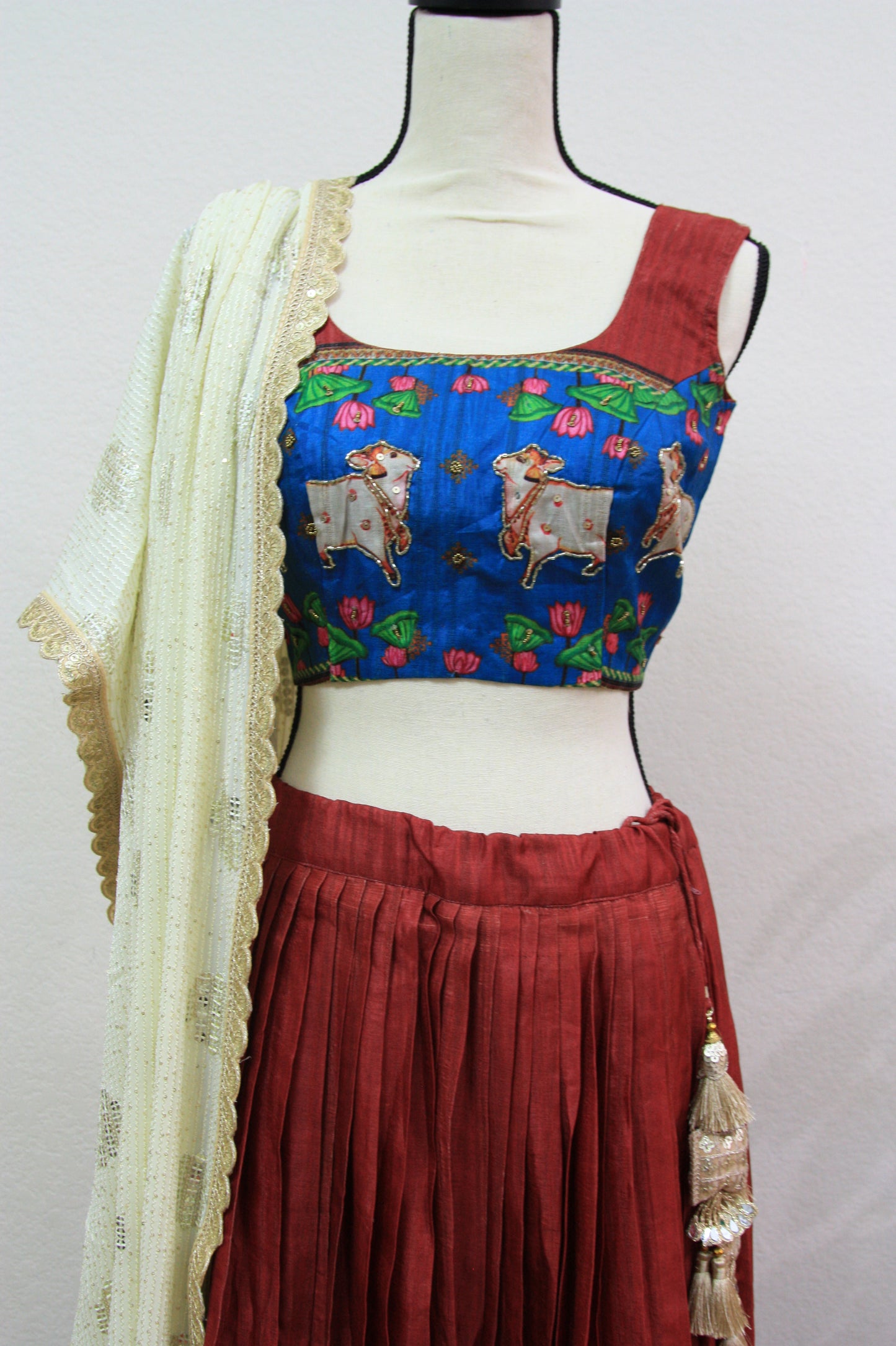 Maroon Tussar Lehenga with Kalamkari Border & Blouse