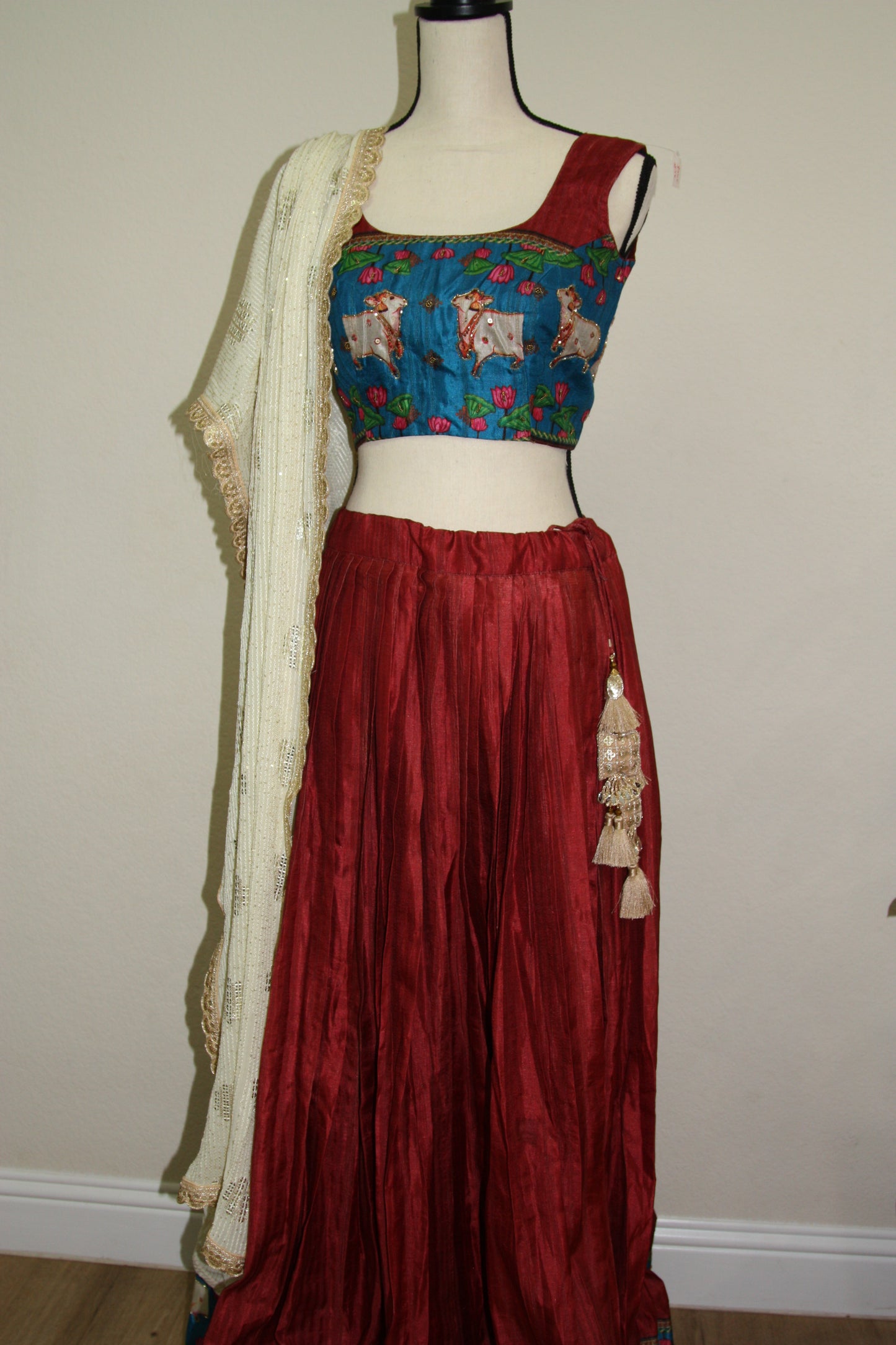 Maroon Tussar Lehenga with Kalamkari Border & Blouse
