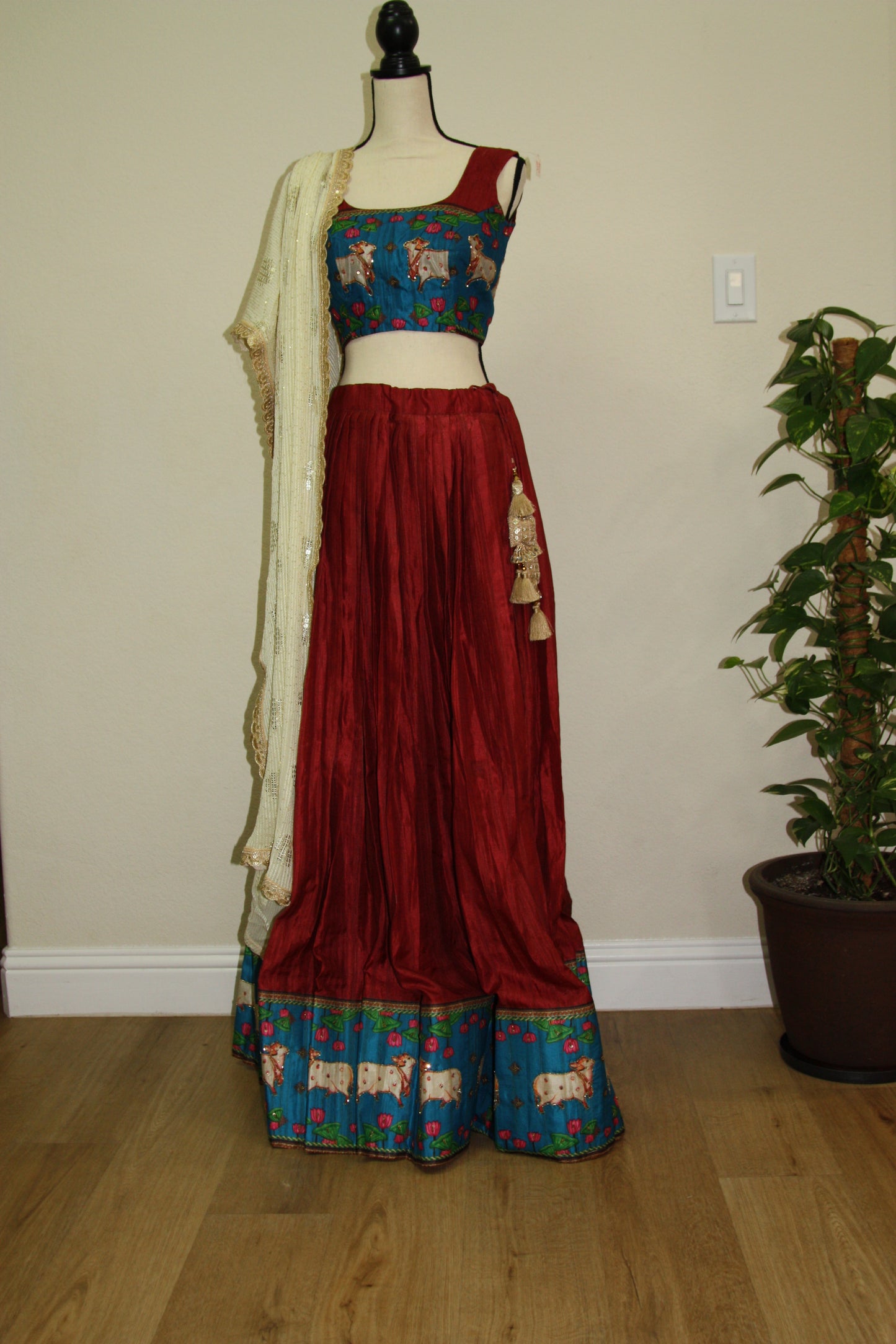 Maroon Tussar Lehenga with Kalamkari Border & Blouse