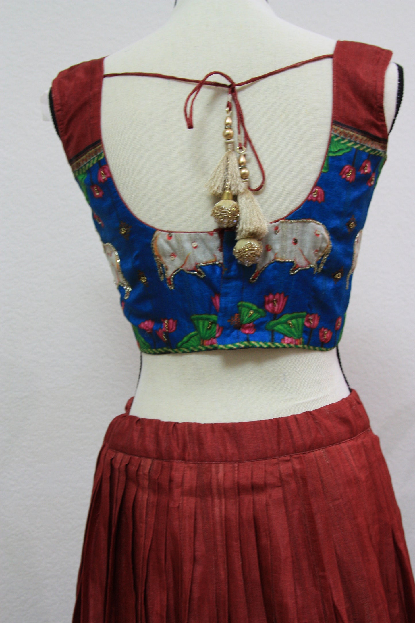 Maroon Tussar Lehenga with Kalamkari Border & Blouse