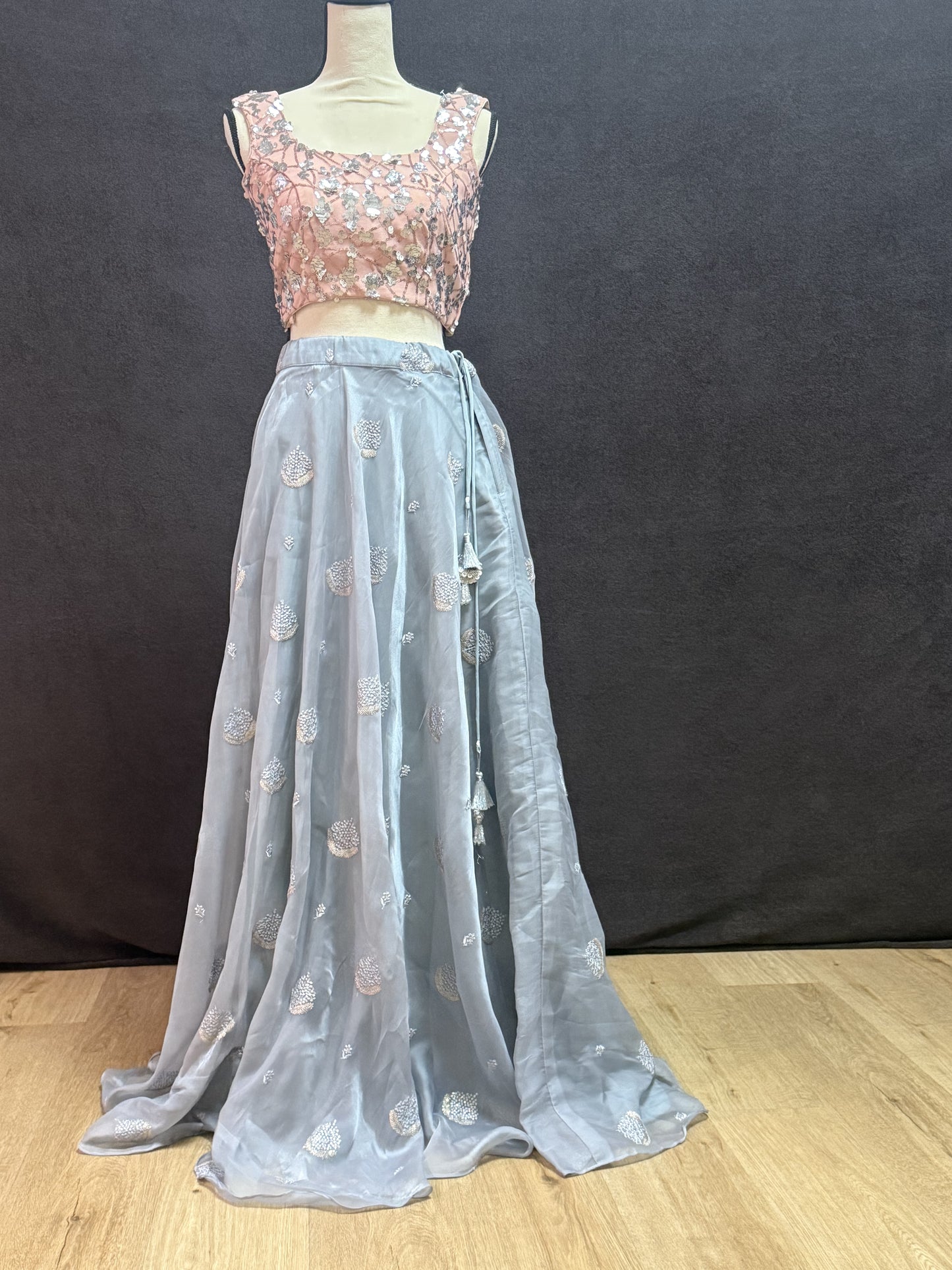 Grey Organza Lehenga with Self Thread Work Butti & Peach Sequin Blouse