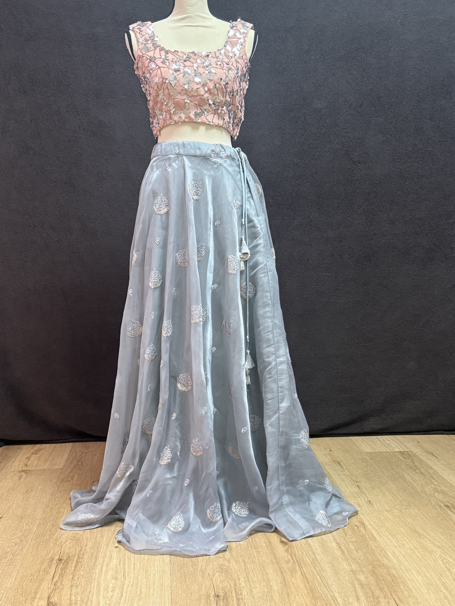 Grey Organza Lehenga with Self Thread Work Butti & Peach Sequin Blouse