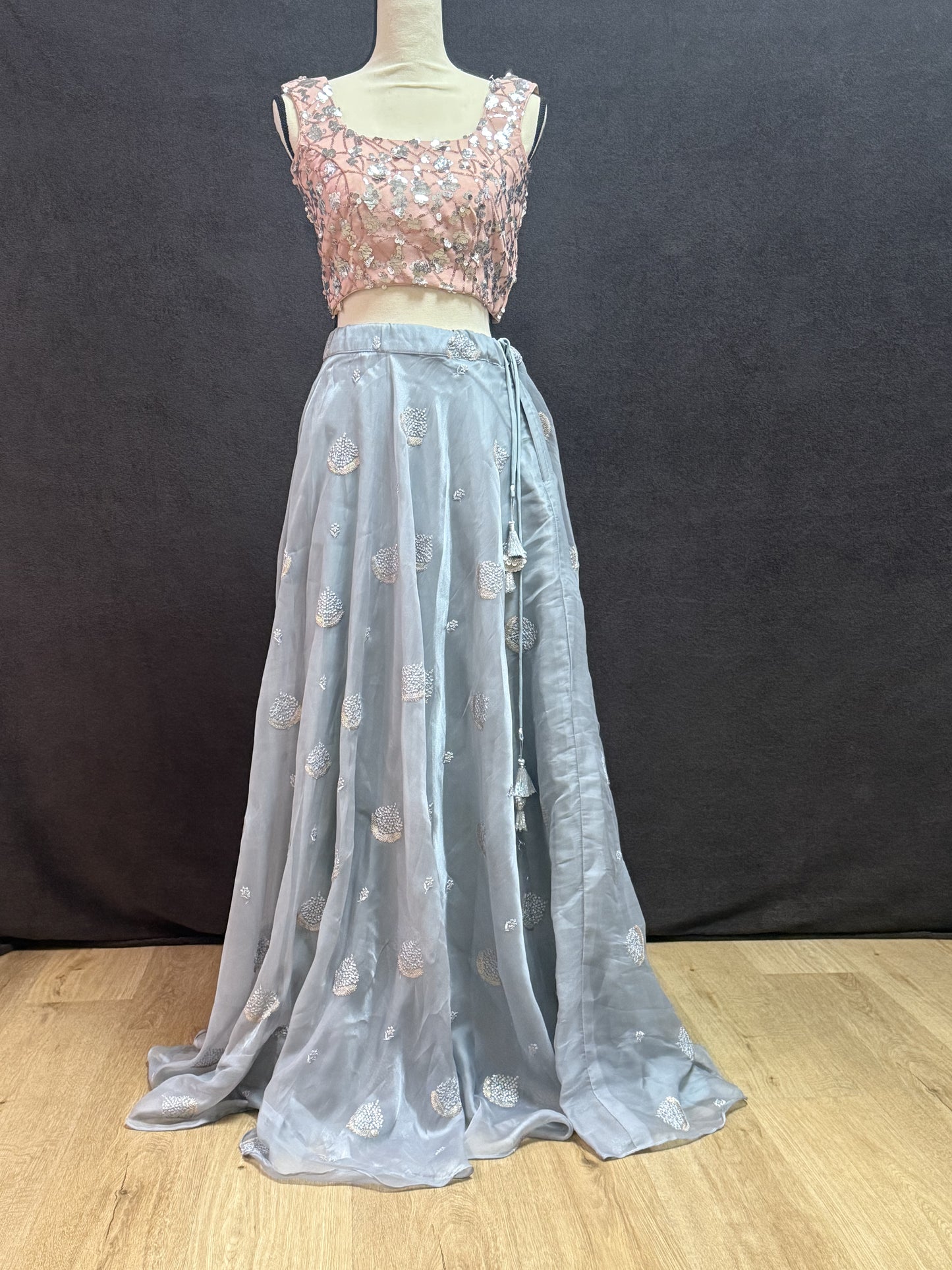 Grey Organza Lehenga with Self Thread Work Butti & Peach Sequin Blouse