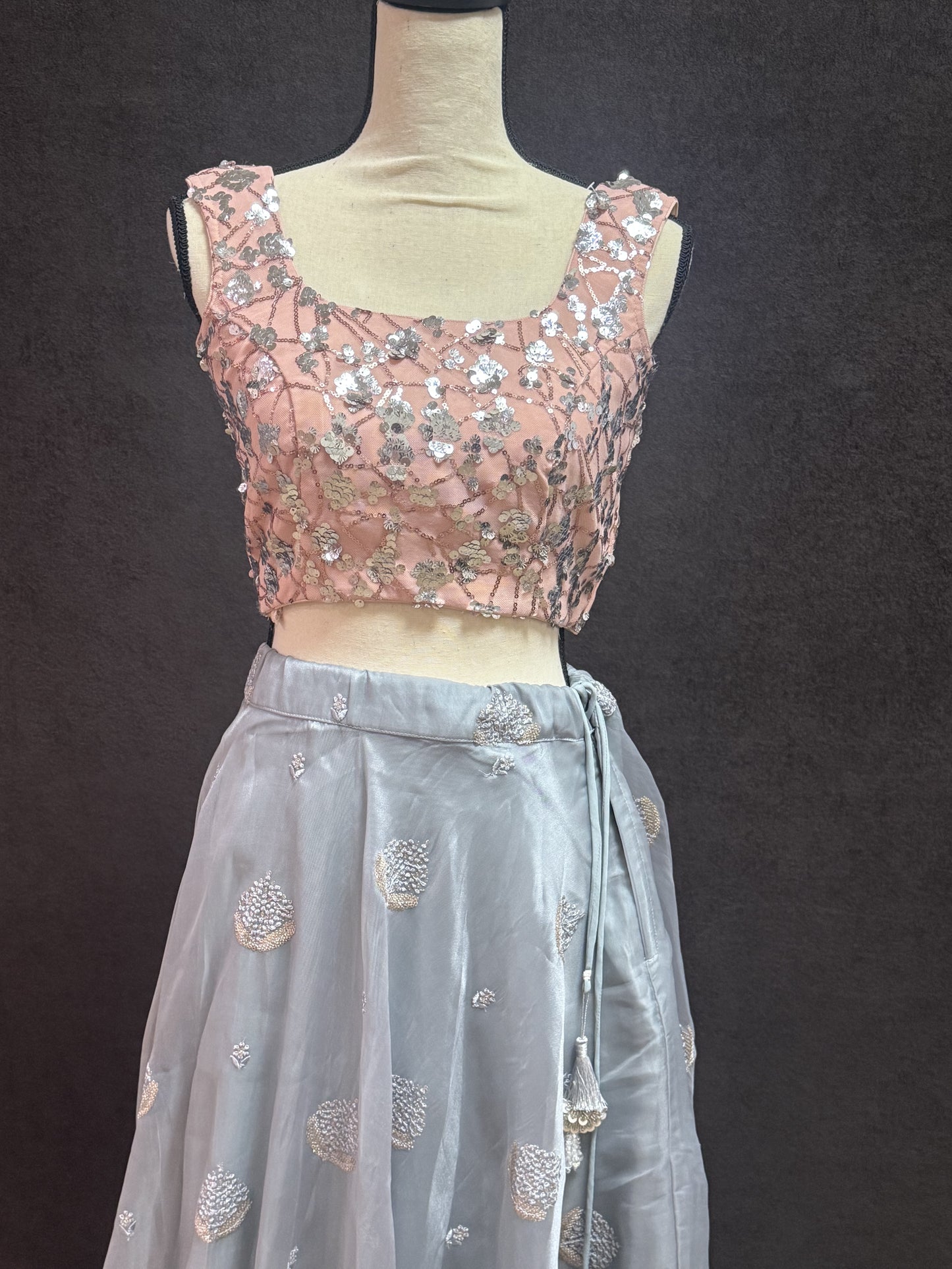 Grey Organza Lehenga with Self Thread Work Butti & Peach Sequin Blouse