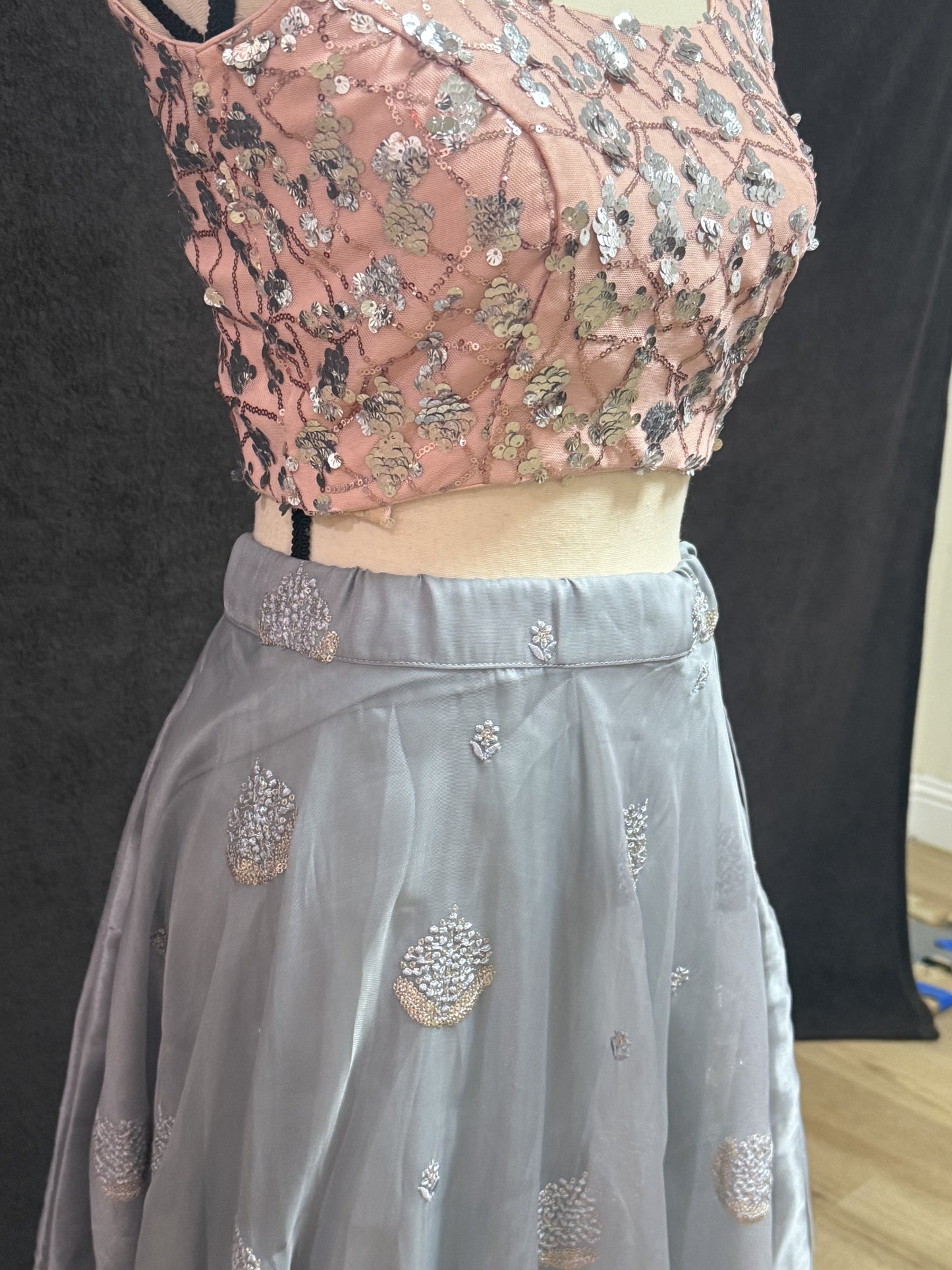 Grey Organza Lehenga with Self Thread Work Butti & Peach Sequin Blouse