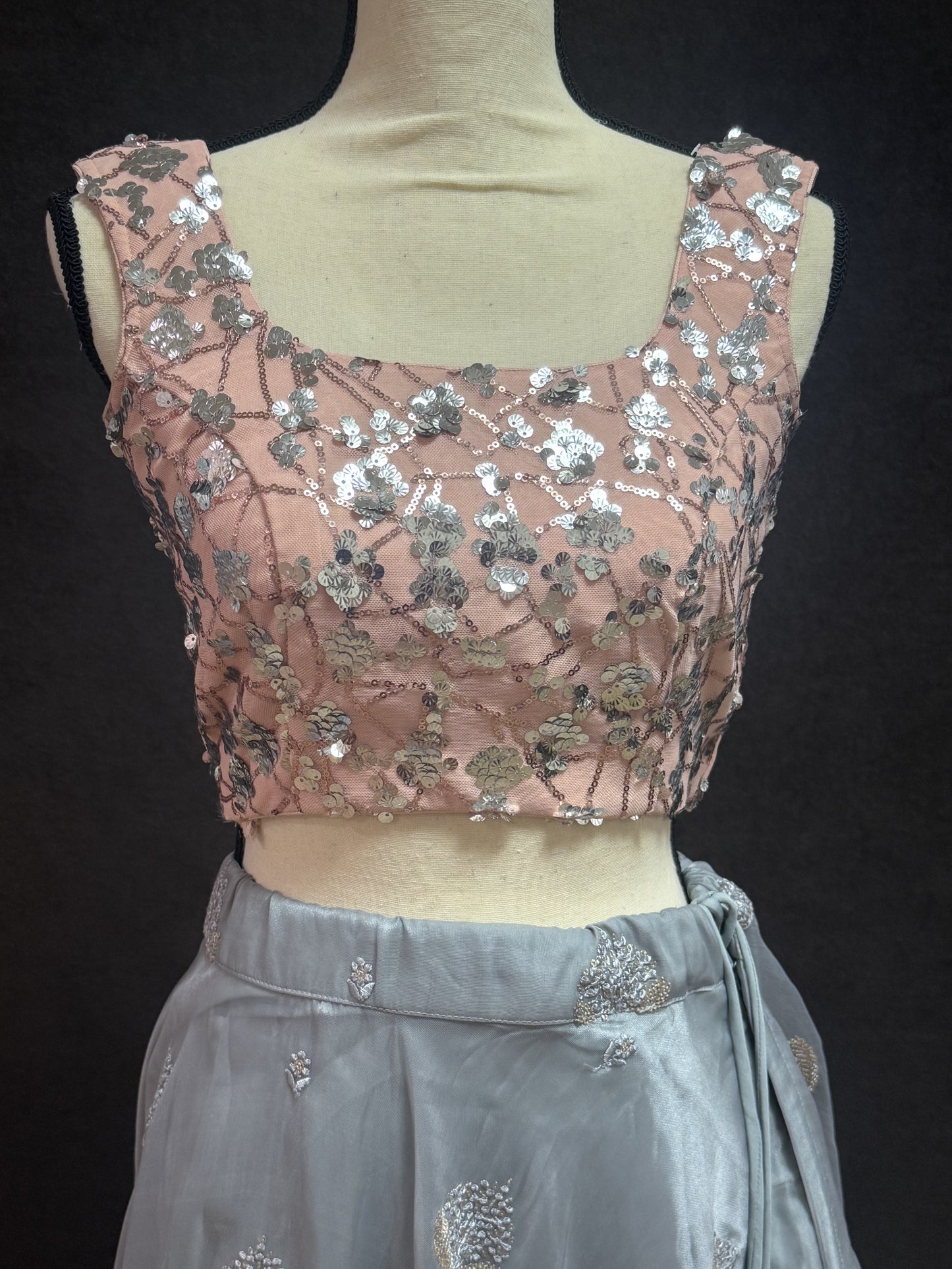 Grey Organza Lehenga with Self Thread Work Butti & Peach Sequin Blouse