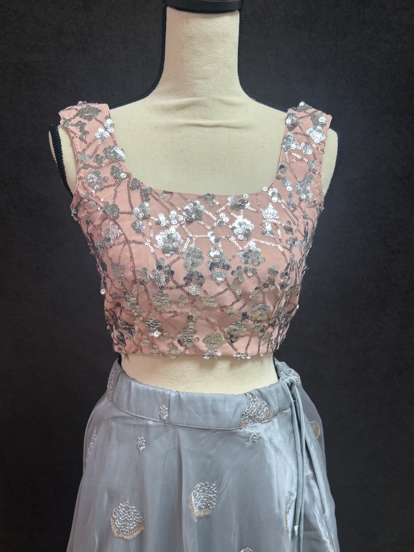 Grey Organza Lehenga with Self Thread Work Butti & Peach Sequin Blouse