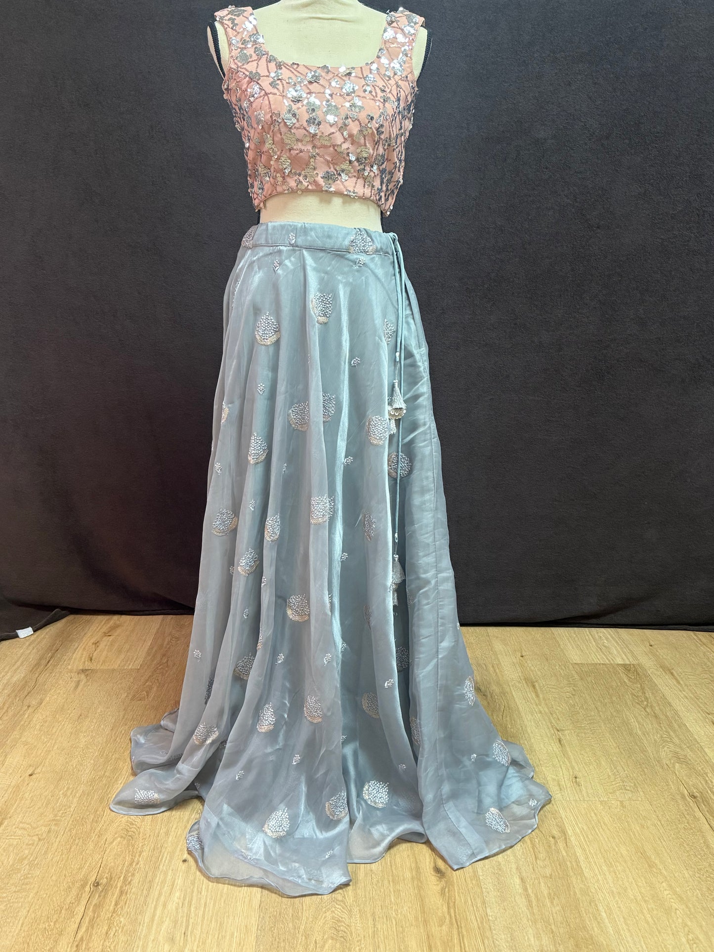 Grey Organza Lehenga with Self Thread Work Butti & Peach Sequin Blouse