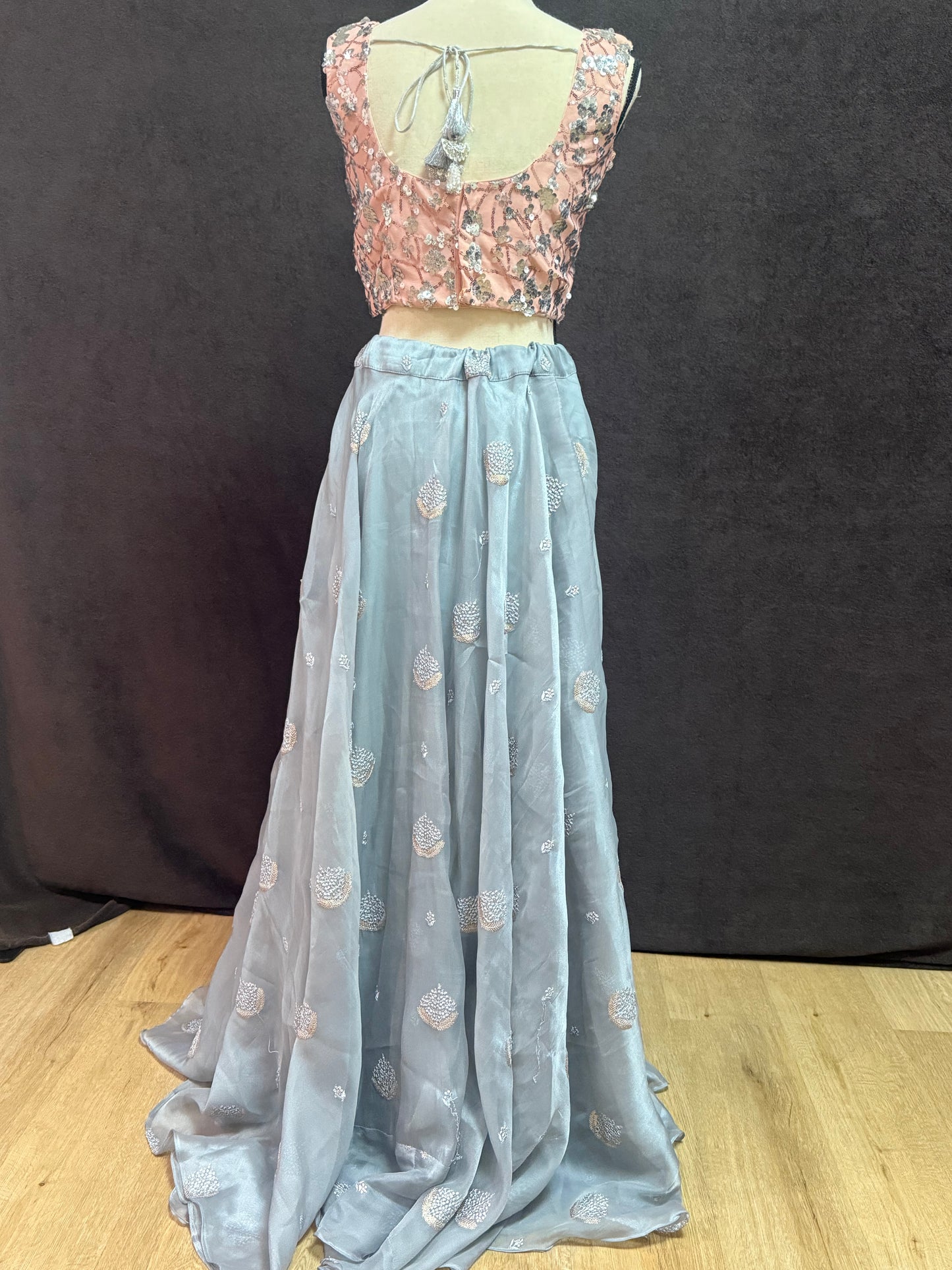 Grey Organza Lehenga with Self Thread Work Butti & Peach Sequin Blouse