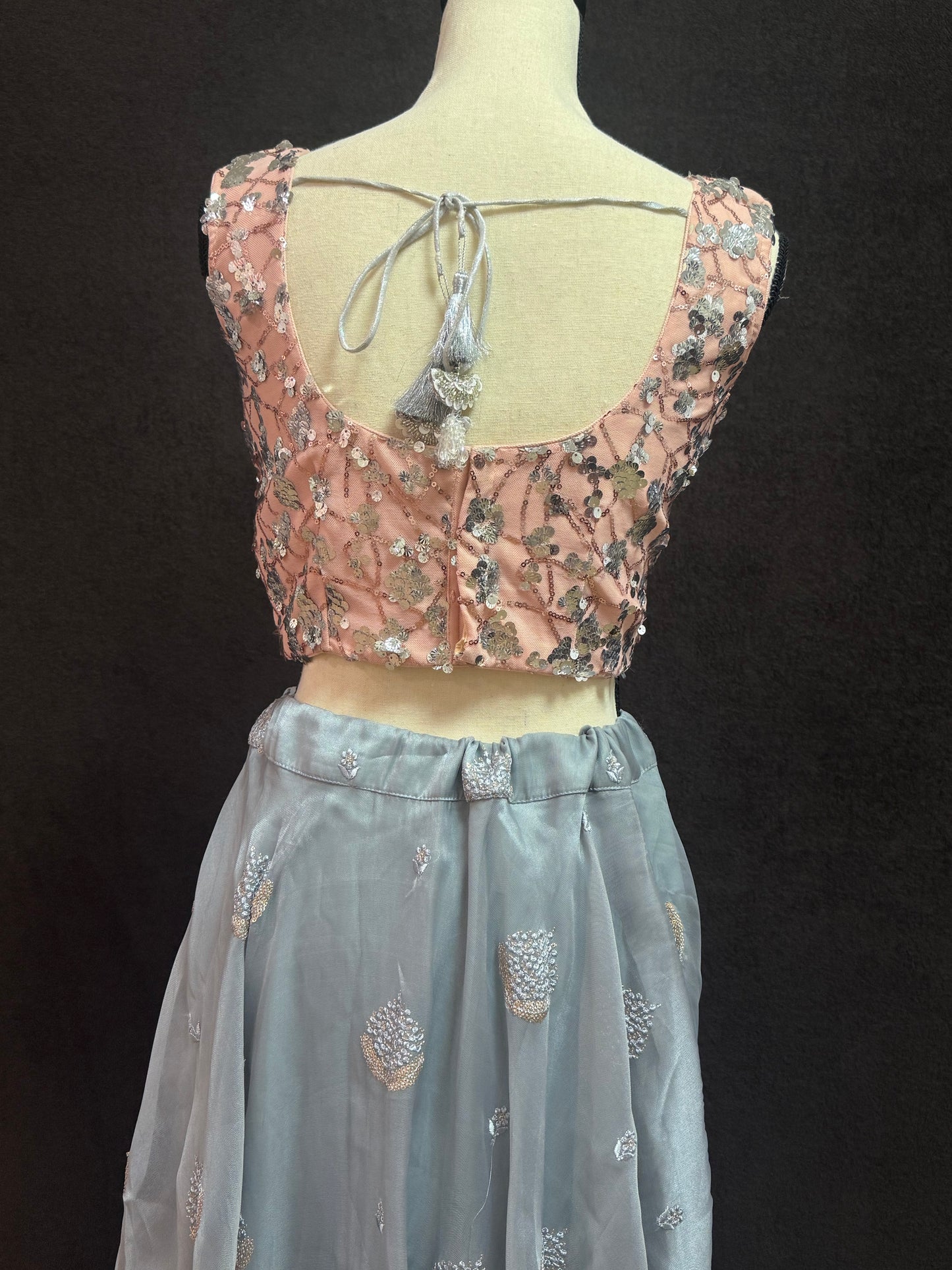 Grey Organza Lehenga with Self Thread Work Butti & Peach Sequin Blouse