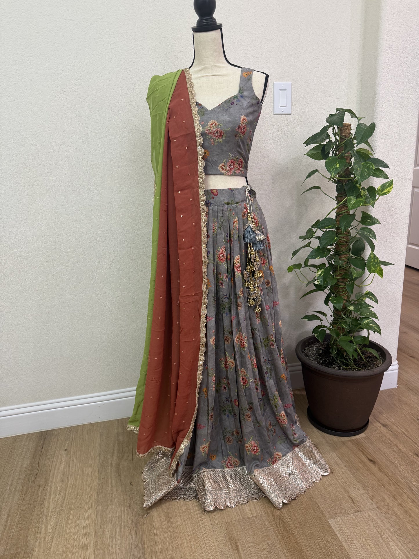 Grey Floral Printed Lehenga with Green Dupatta