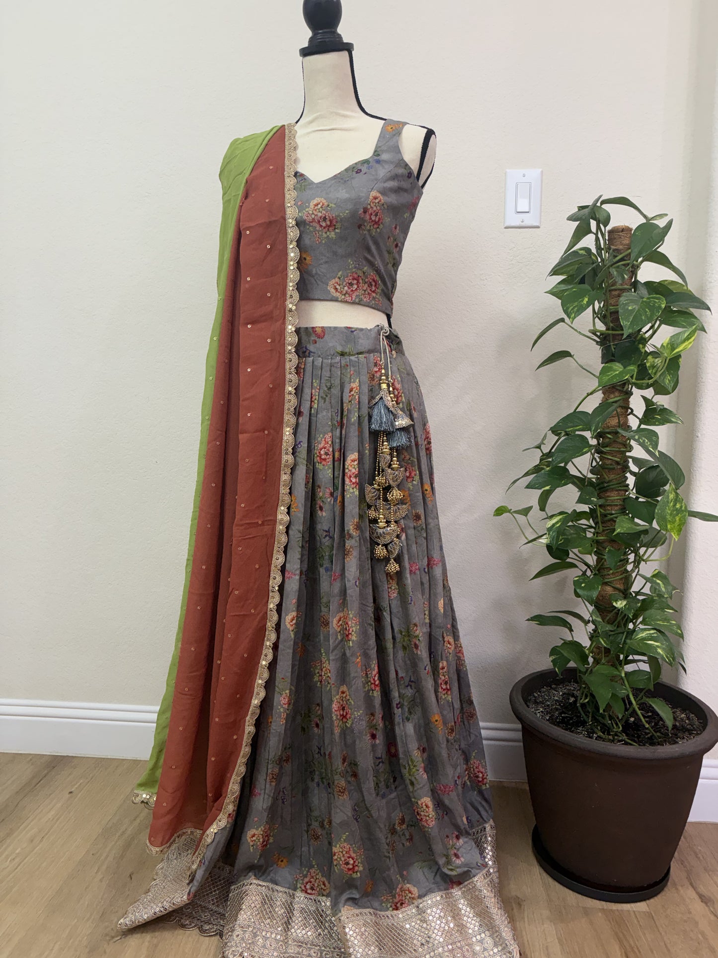 Grey Floral Printed Lehenga with Green Dupatta