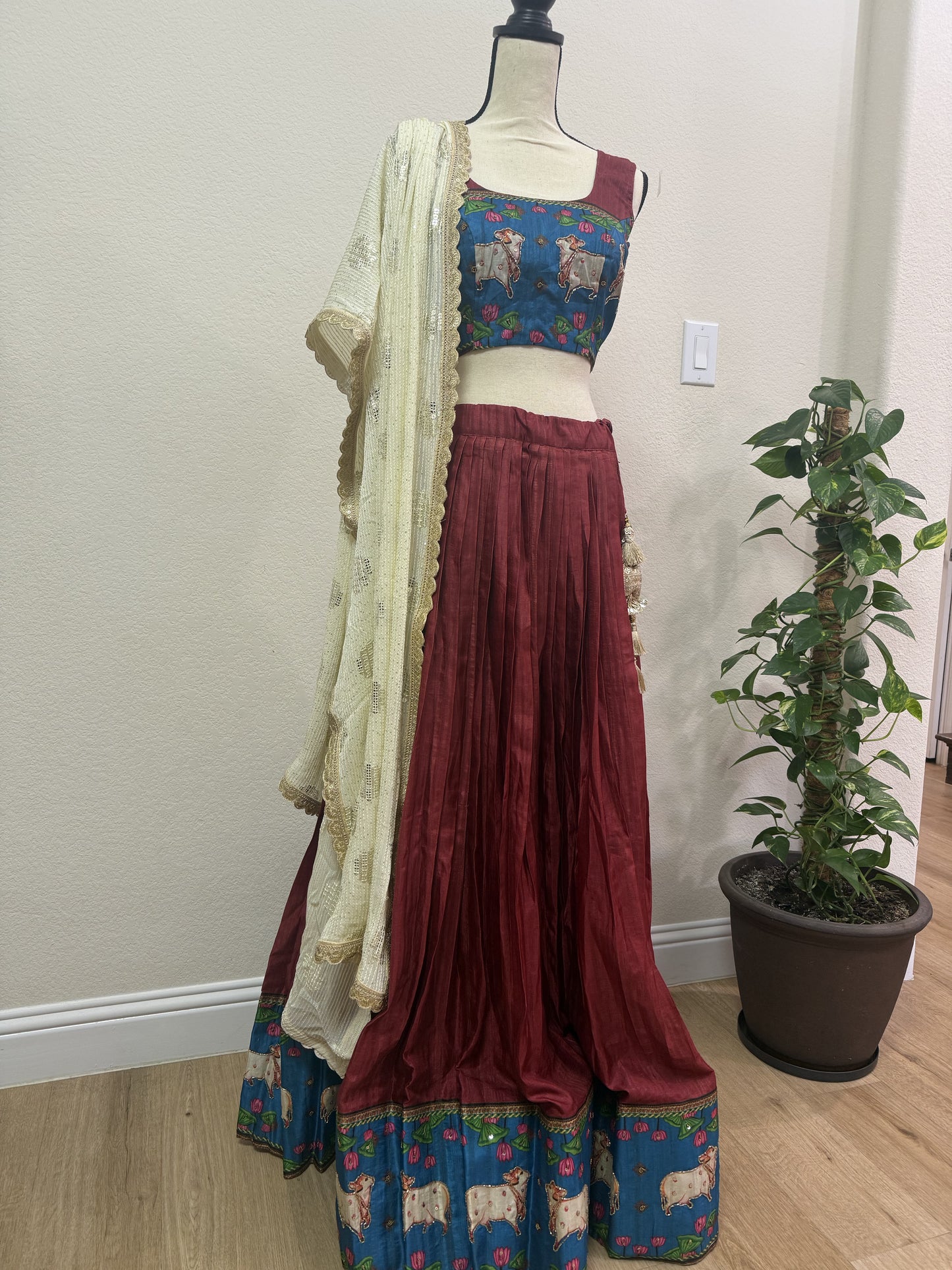 Maroon Tussar Lehenga with Kalamkari Border & Blouse