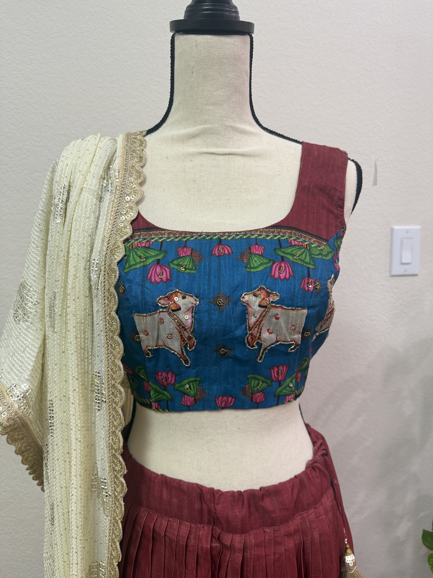 Maroon Tussar Lehenga with Kalamkari Border & Blouse