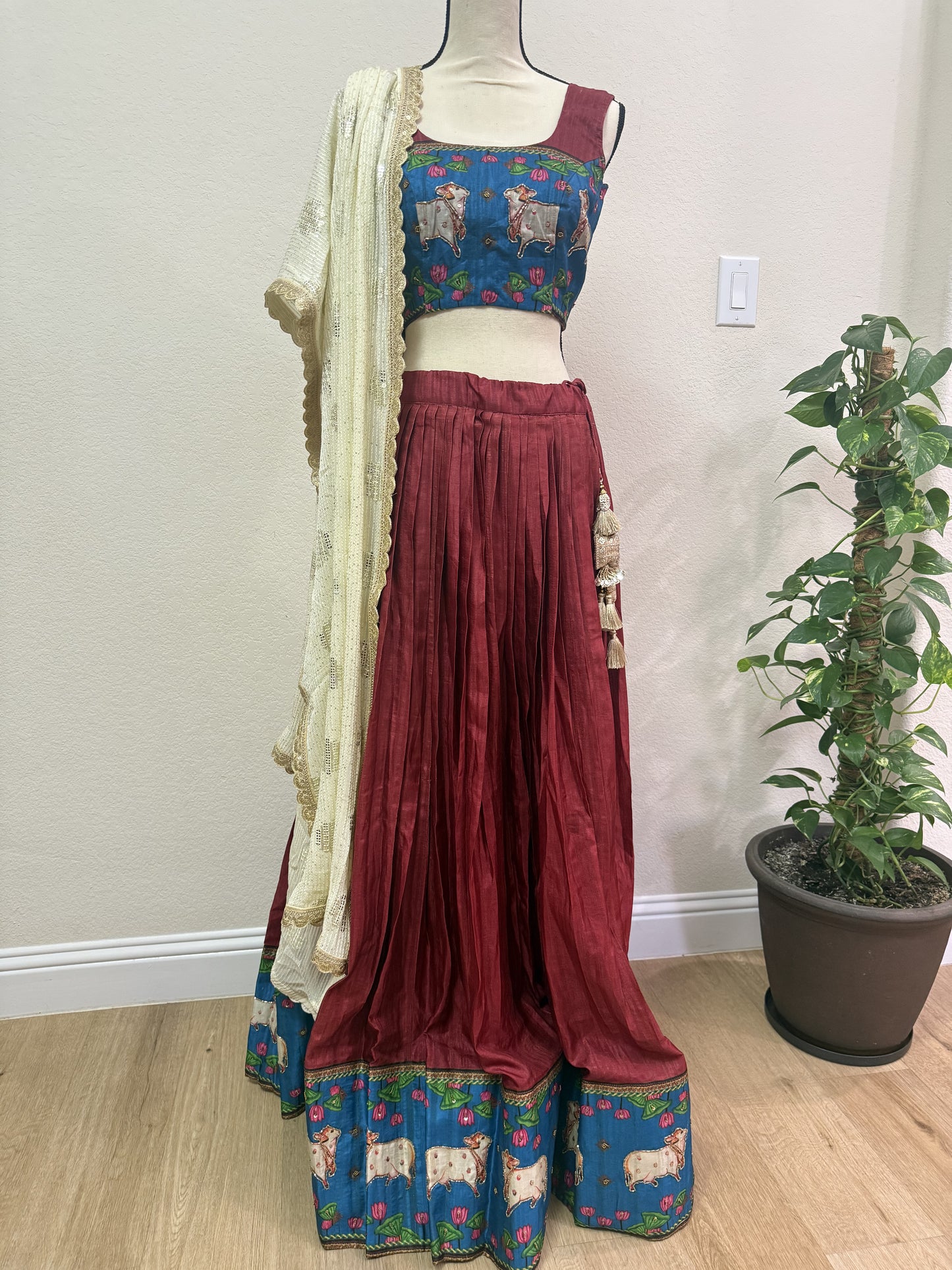 Maroon Tussar Lehenga with Kalamkari Border & Blouse