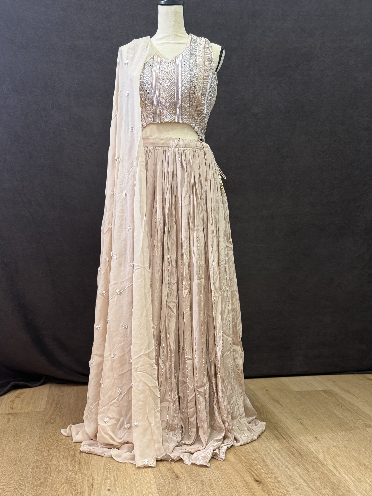 Beige Ready-Made Choli Lehenga with Cut Dana Work