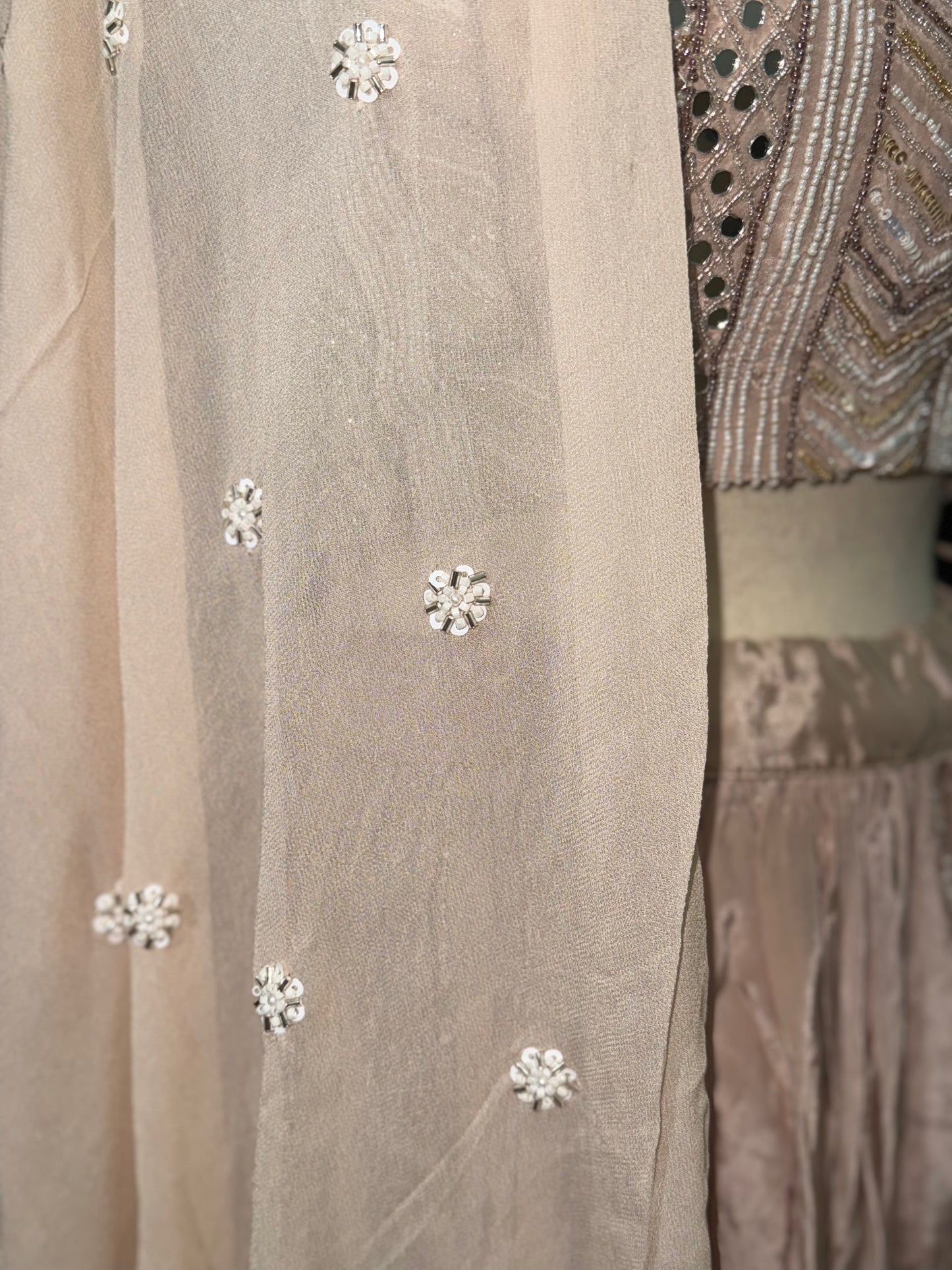 Beige Ready-Made Choli Lehenga with Cut Dana Work