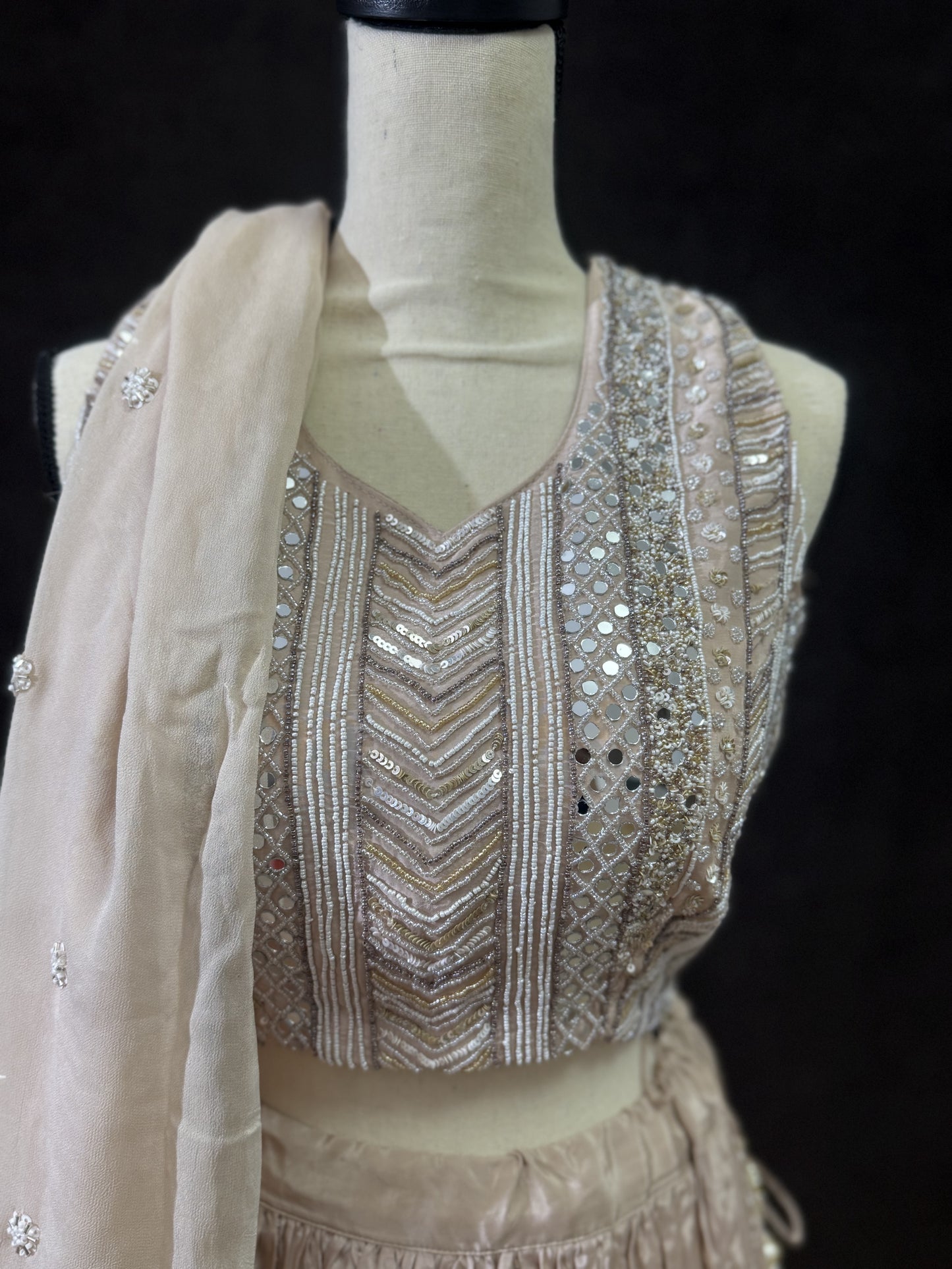 Beige Ready-Made Choli Lehenga with Cut Dana Work