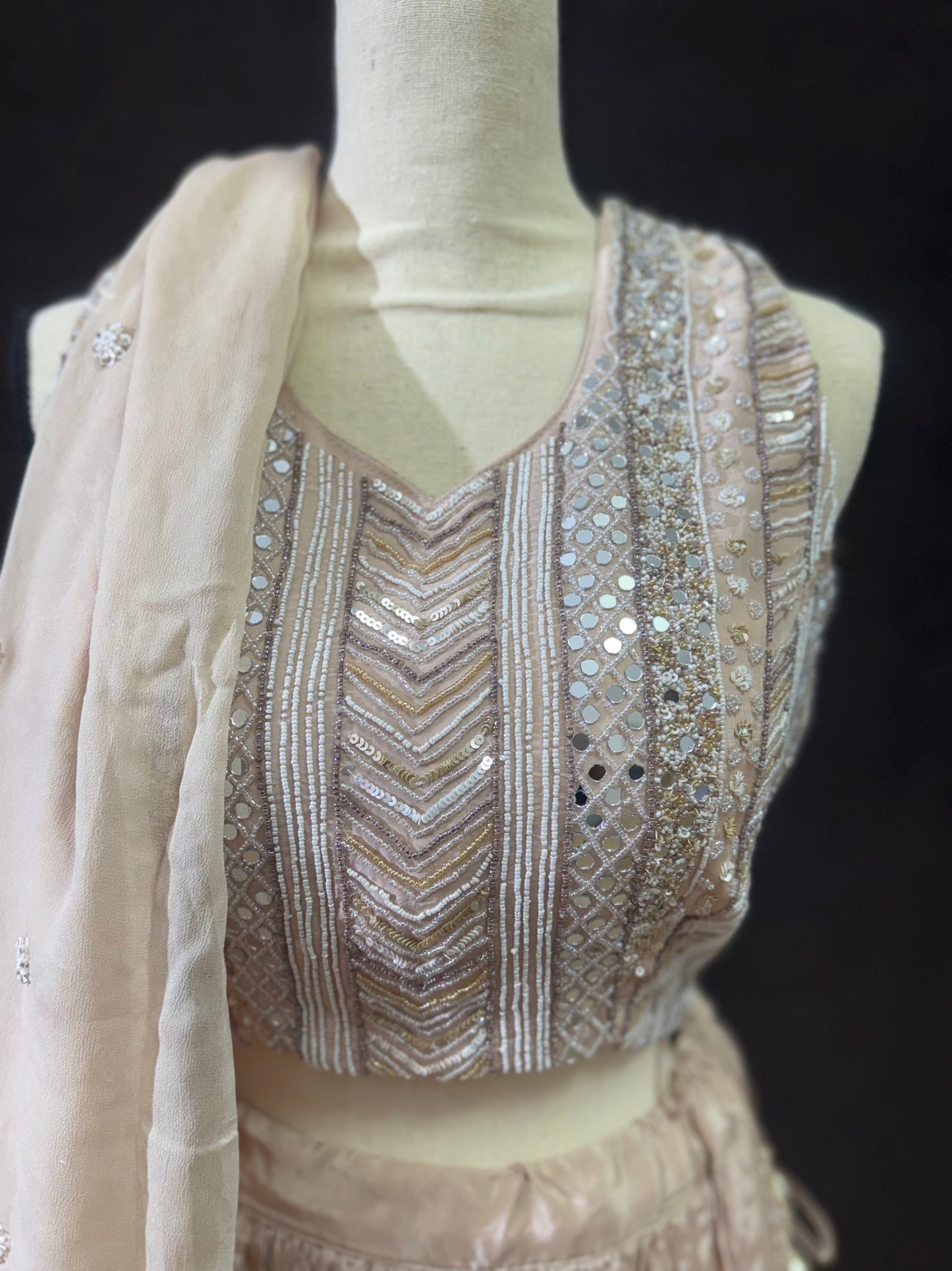 Beige Ready-Made Choli Lehenga with Cut Dana Work