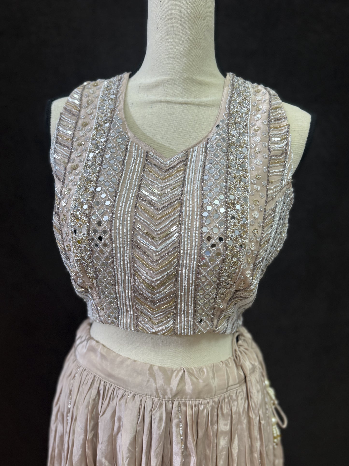 Beige Ready-Made Choli Lehenga with Cut Dana Work