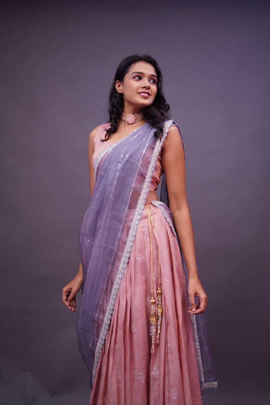 Onion Pink Tissue lehenga paired with Organza dupatta