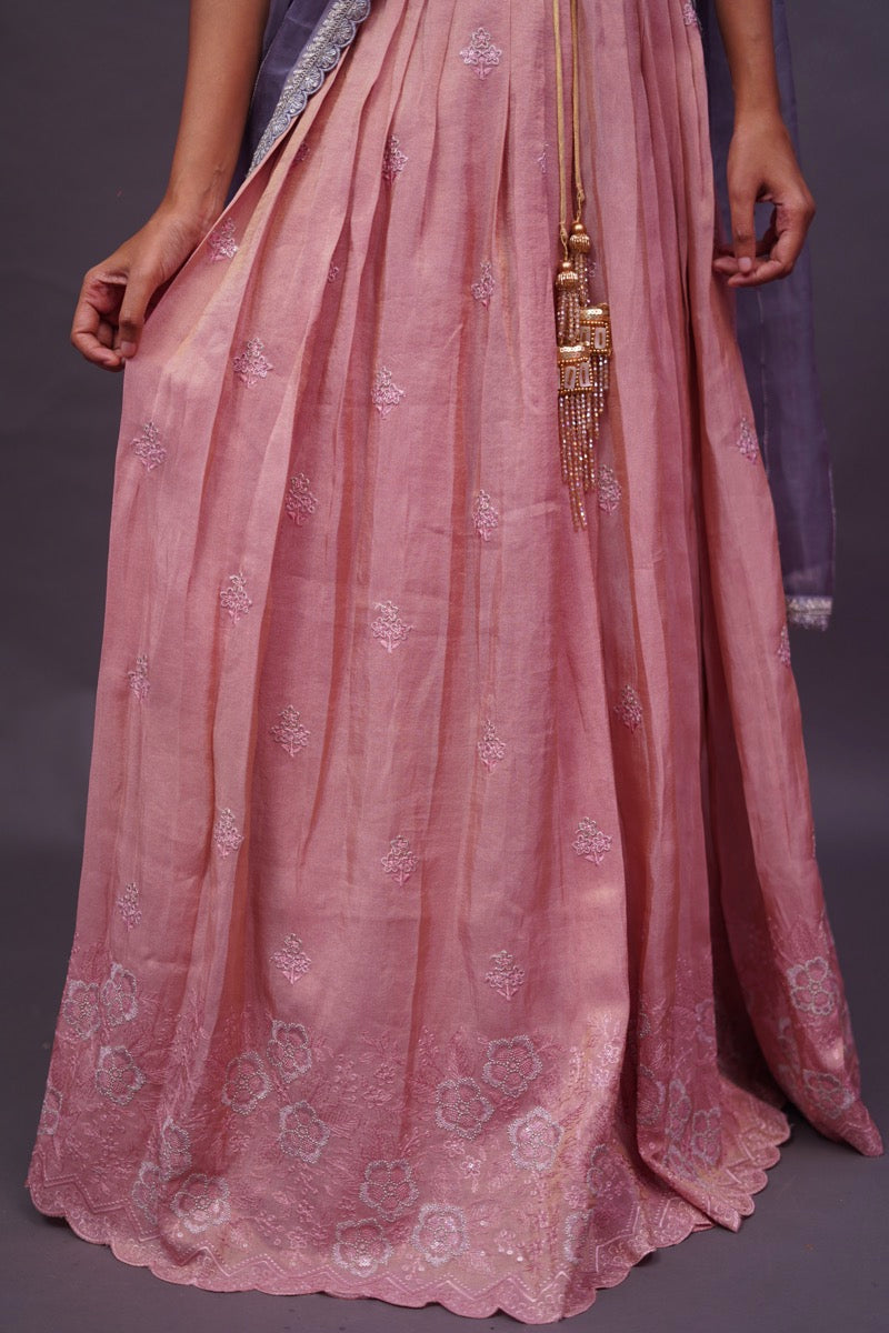 Onion Pink Tissue lehenga paired with Organza dupatta