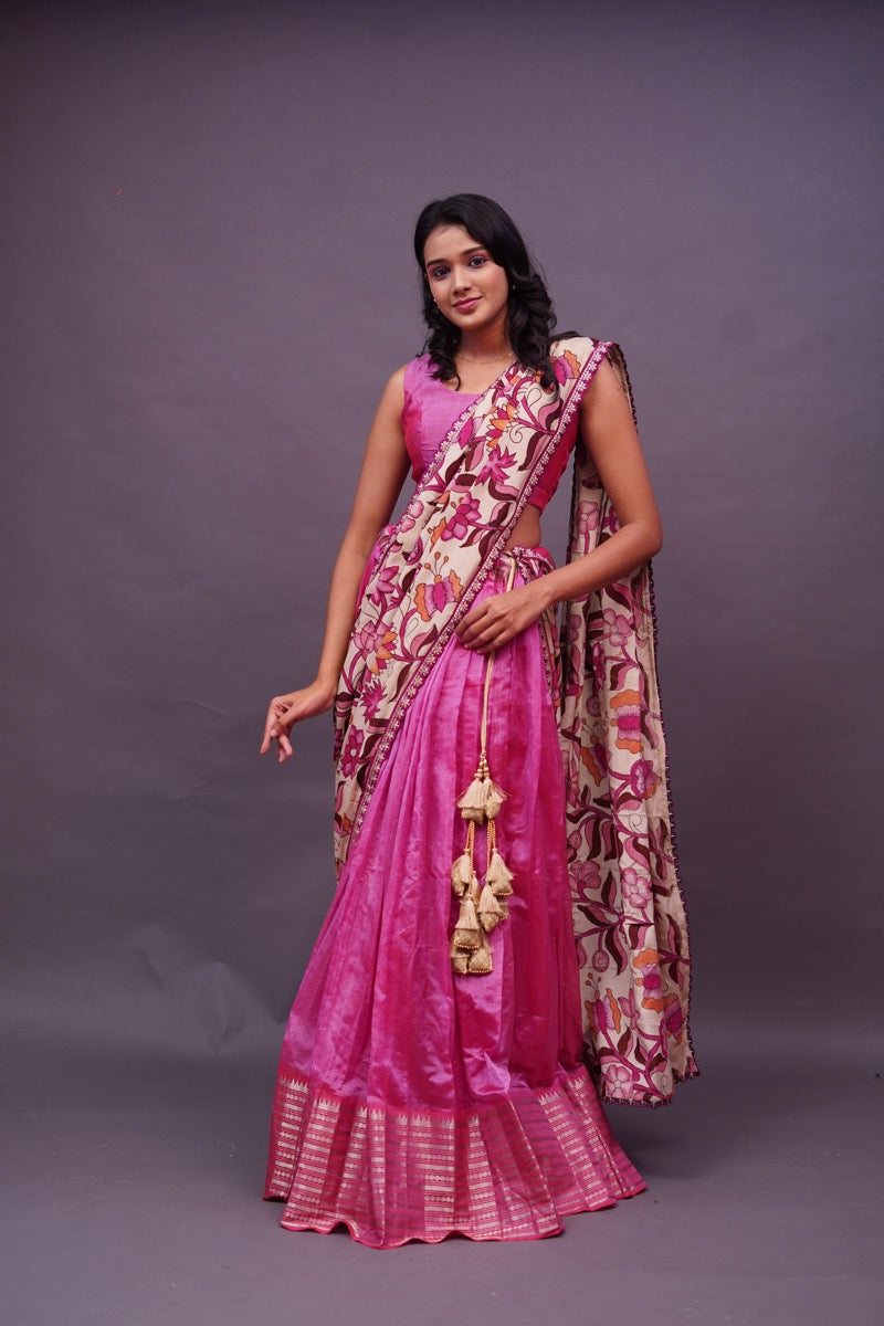 Pink Mangalgiri Lehenga/Kalamkari duppatta