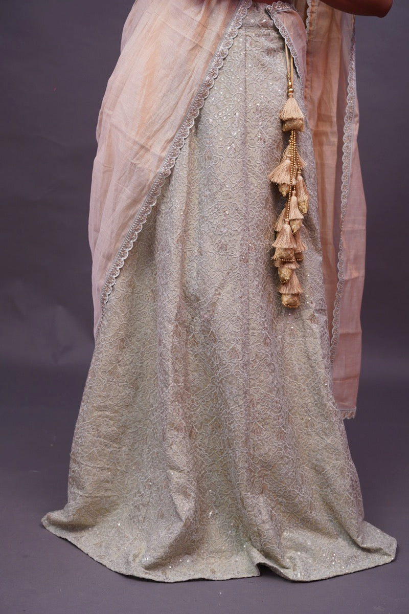 Light green chikankari with tissue duppatta
