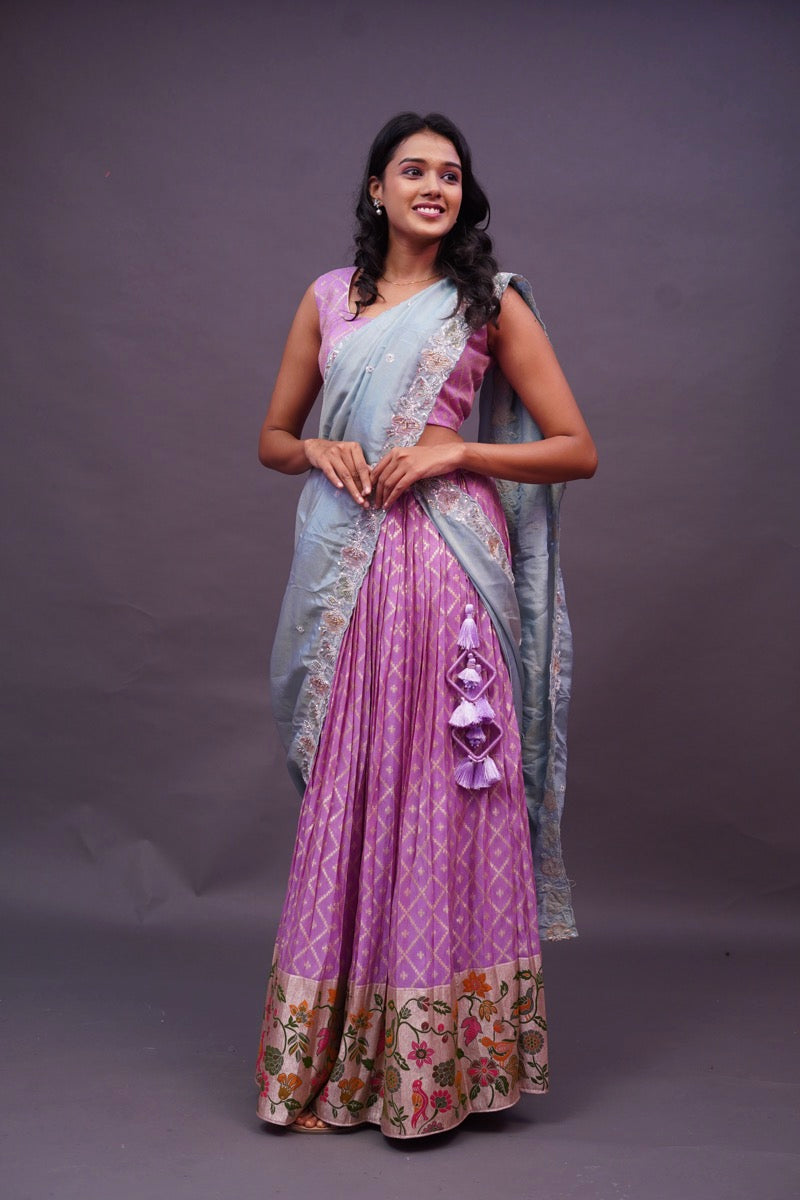 Lavender Crepe tissue Lehenga with Paithani pattern border