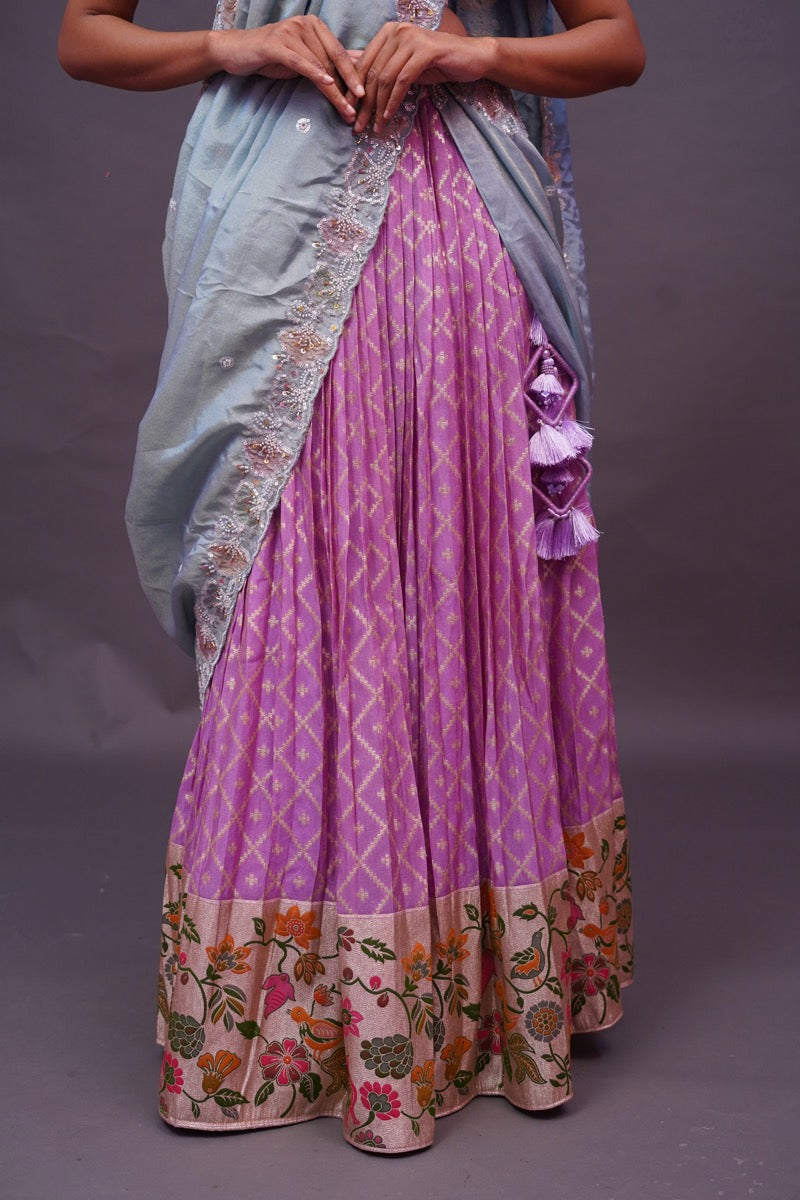 Lavender Crepe tissue Lehenga with Paithani pattern border