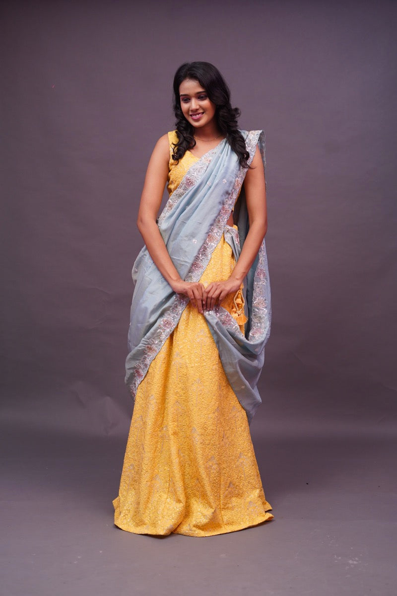 Light Yellow chikankari with tissue duppatta