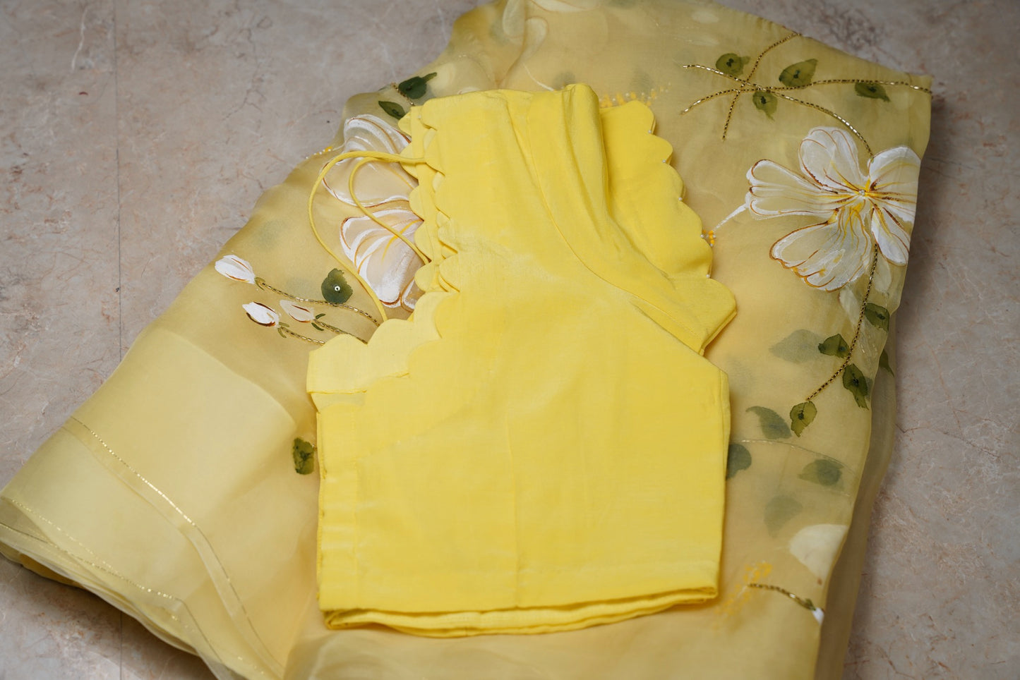 Hibiscus Painted Yellow Organza Saree