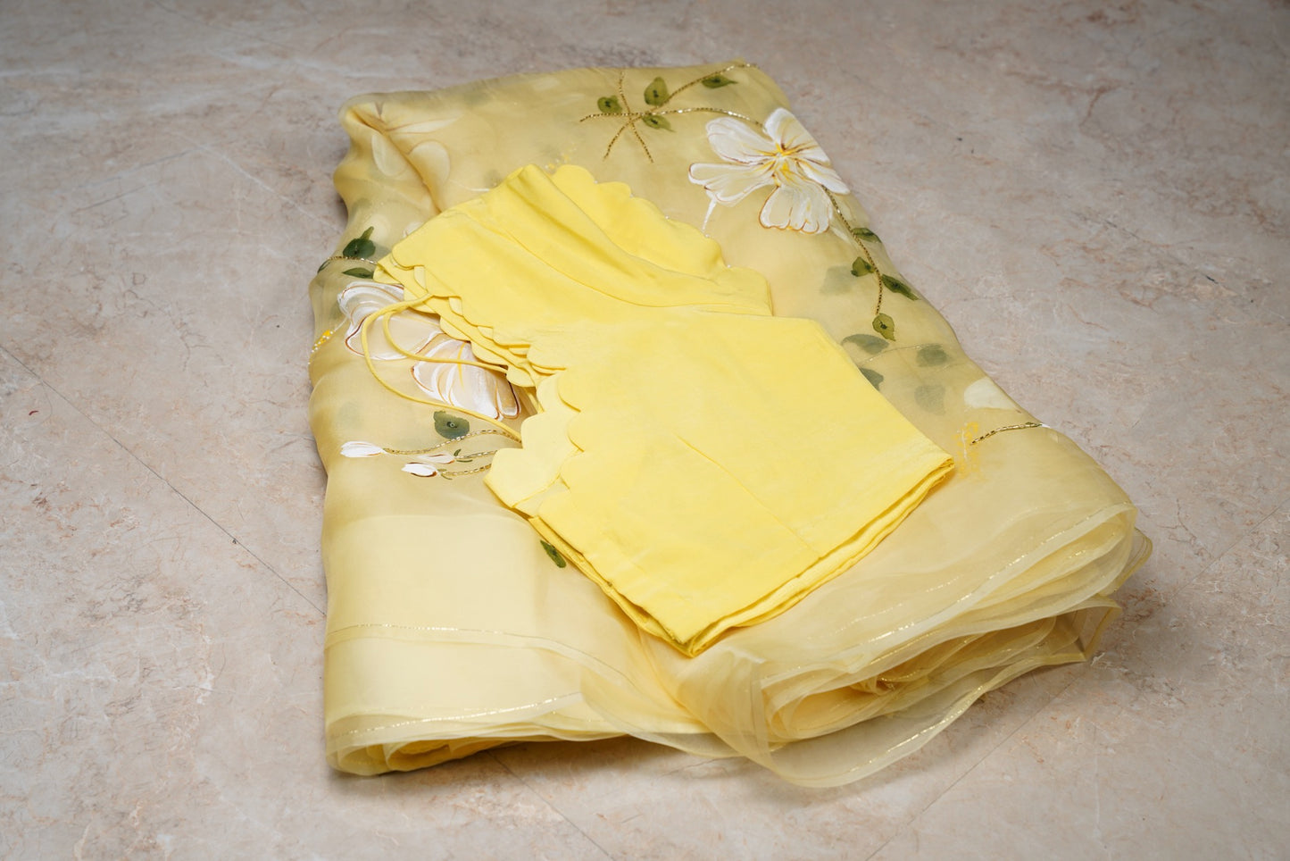 Hibiscus Painted Yellow Organza Saree
