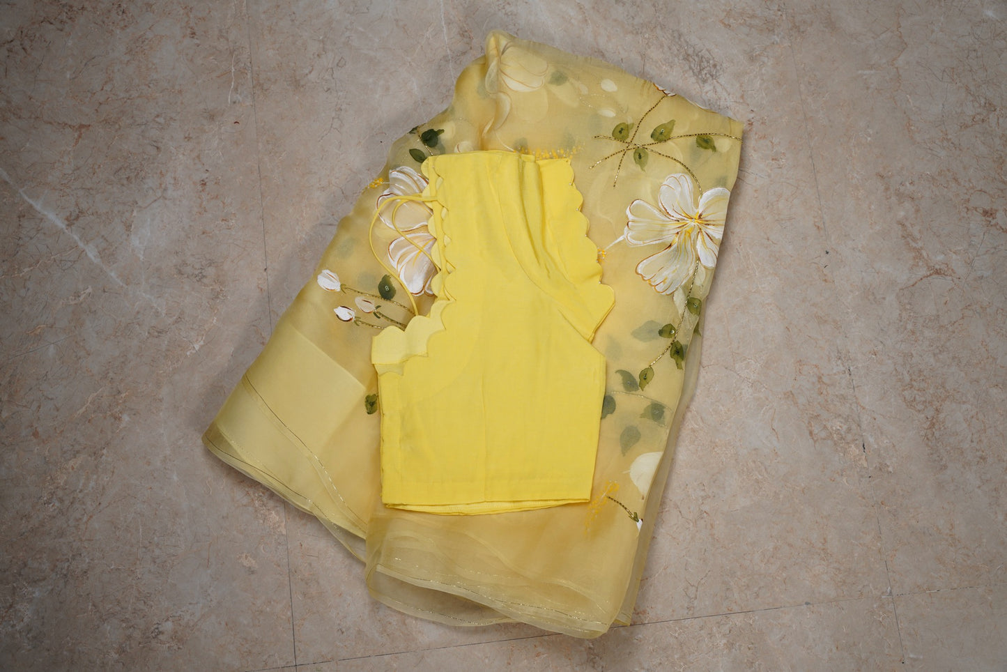 Hibiscus Painted Yellow Organza Saree