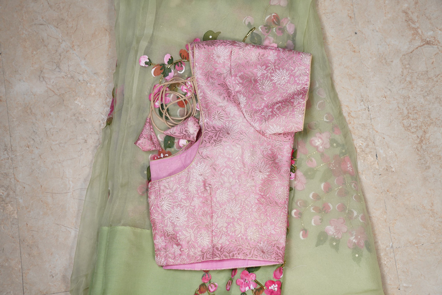 Cherry Blossoms Hand painted Olive Green Organza Saree