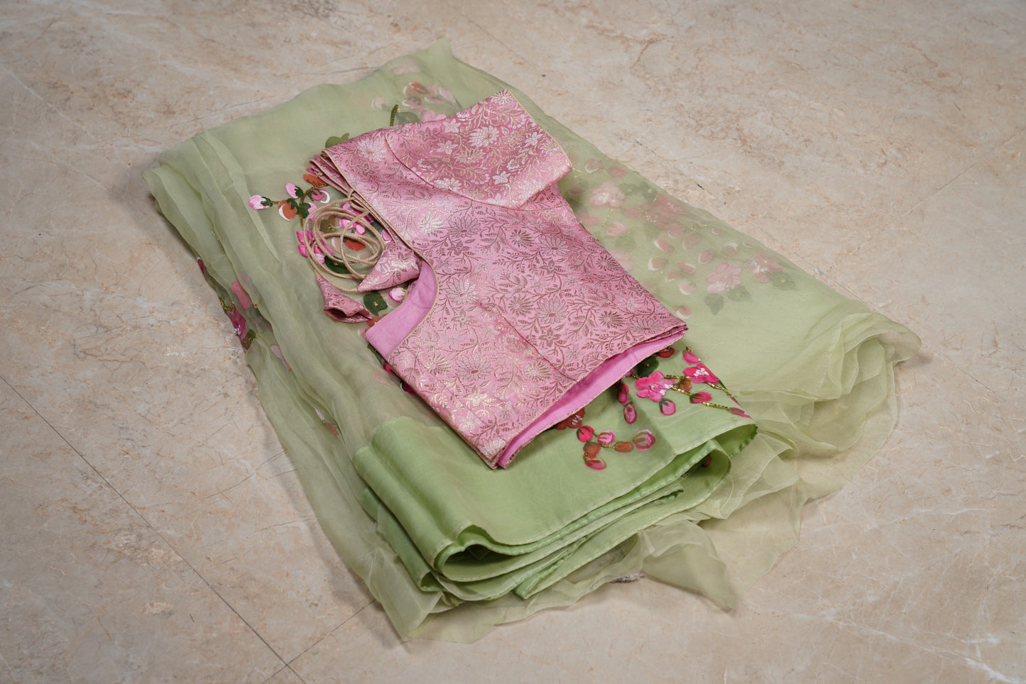 Cherry Blossoms Hand painted Olive Green Organza Saree