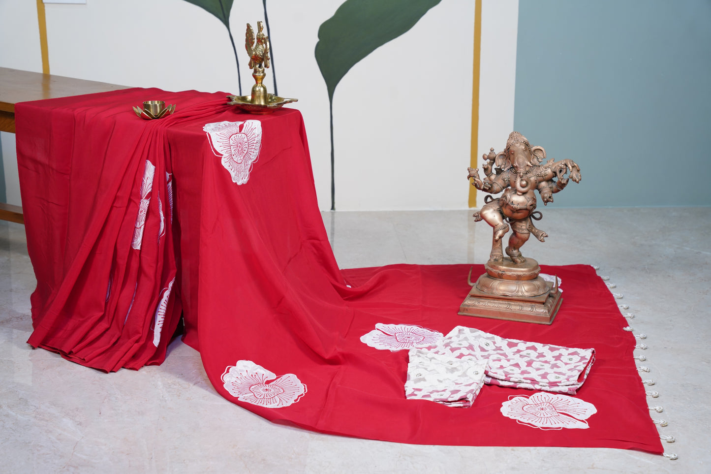 Crepe Soft Silk Red saree with white flowers