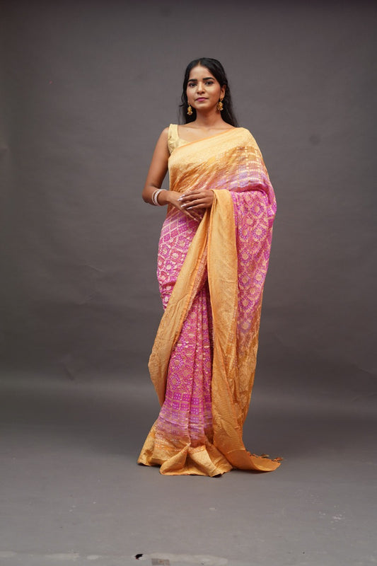 Pink Yellow Bandhani Banaras Georgette Saree