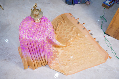 Pink Yellow Bandhani Banaras Georgette Saree